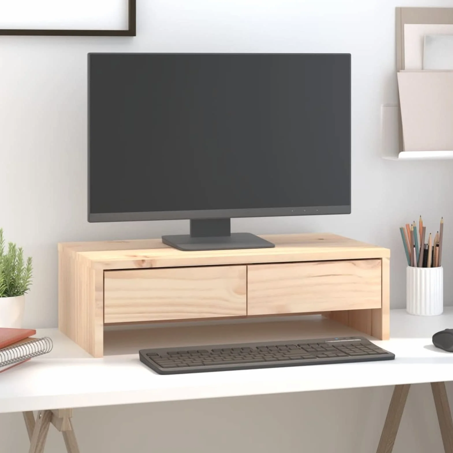 ShGaxin Stojak na monitor, stojak na ekran komputera, stojak na monitor biurko, akcesoria biurowe, podstawa monitora, akcesoria biurkowe, lite drewno sosnowe 50 x 27 x 15 cm