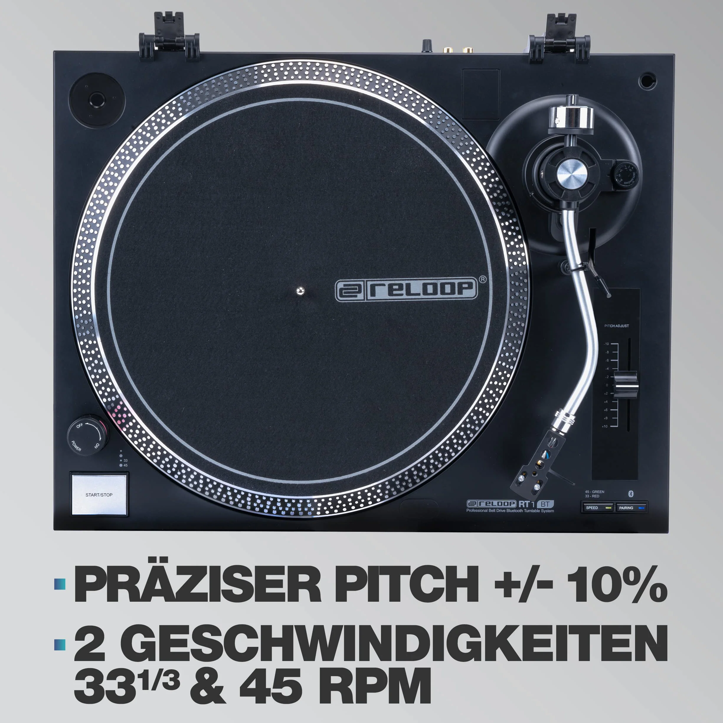 Gramofon Reloop RT-1 BT z napędem paskowym do zastosowań DJ i HiFi, Wyjście Bluetooth do bezprzewodowego połączenia z głośnikami Bluetooth, Wstępnie zmontowany system wkładek magnetycznych Ortofon