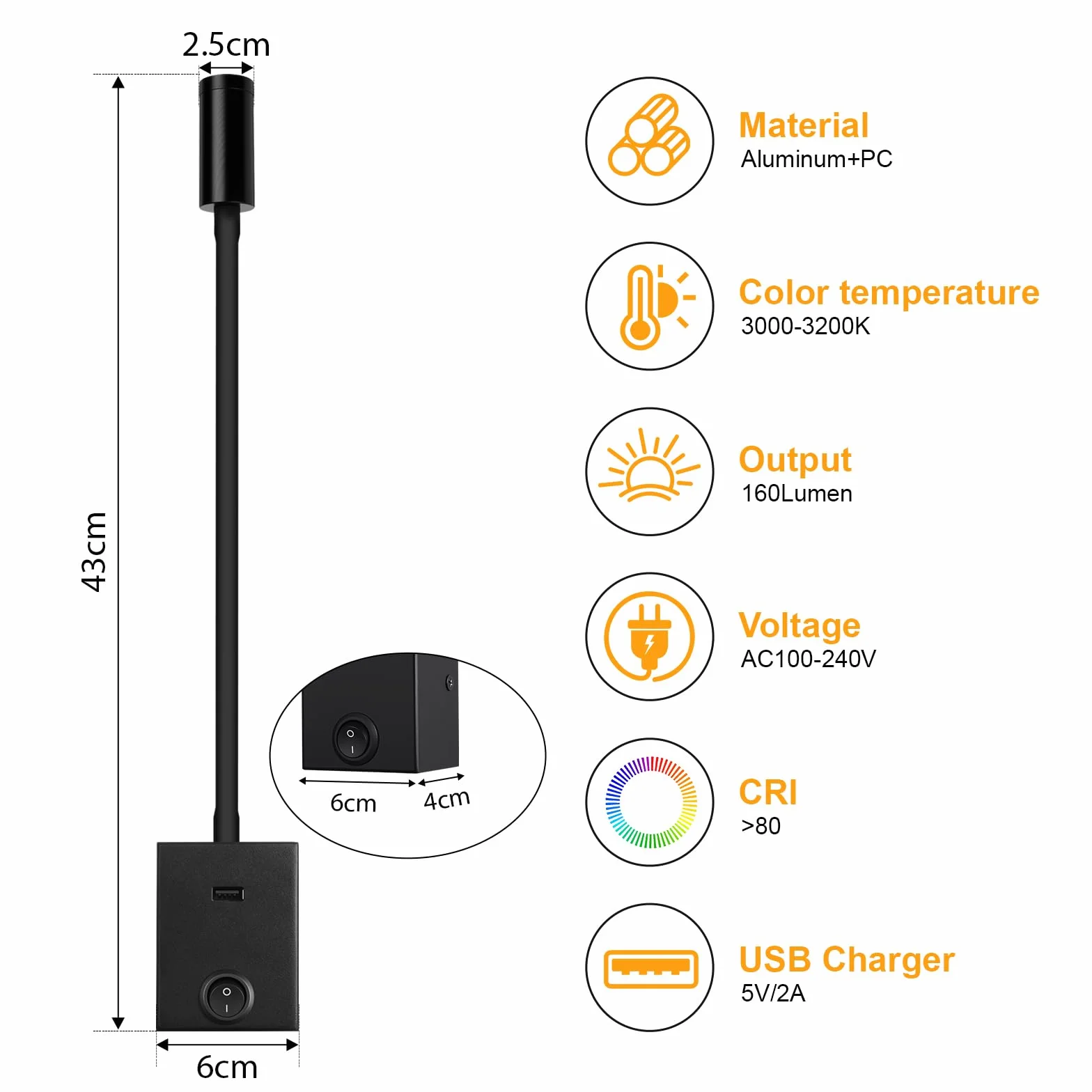ERWEY LED Lampa ścienna do Czytania, Kinkiet 3W z Elastyczną Szyją 360° i Złączem USB do Sypialni, Ciepłe Białe światło 3000K, Czarny
