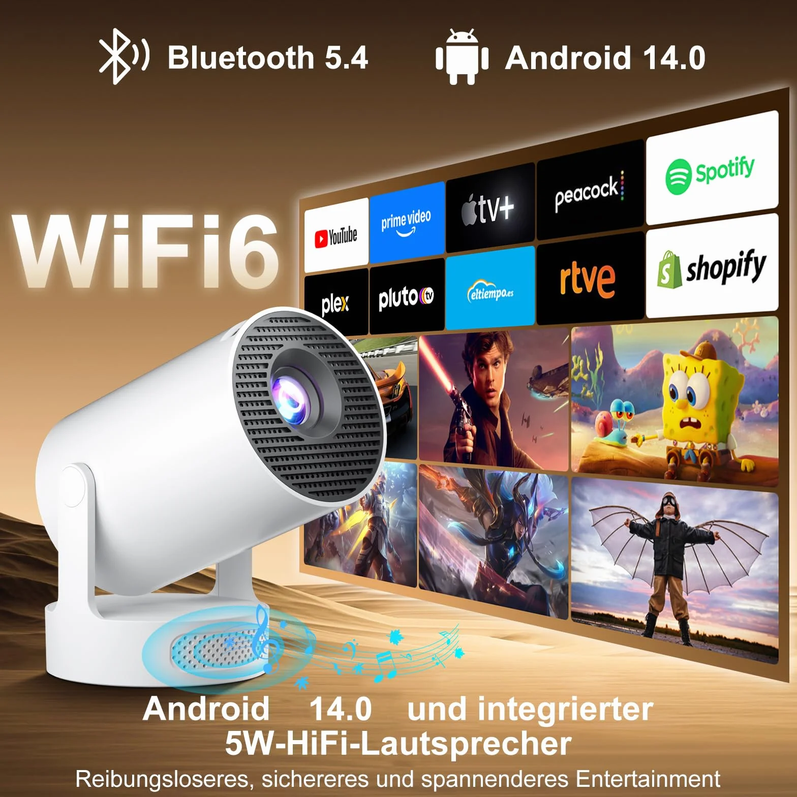Salange Przenośny projektor 2026, mini projektor Pico, obsługuje 4K 1080P z WiFi 6 i Bluetooth 5.4, Android 14.0, obrót 180°, wbudowany głośnik HiFi 5 W, projektor kina domowego, biały
