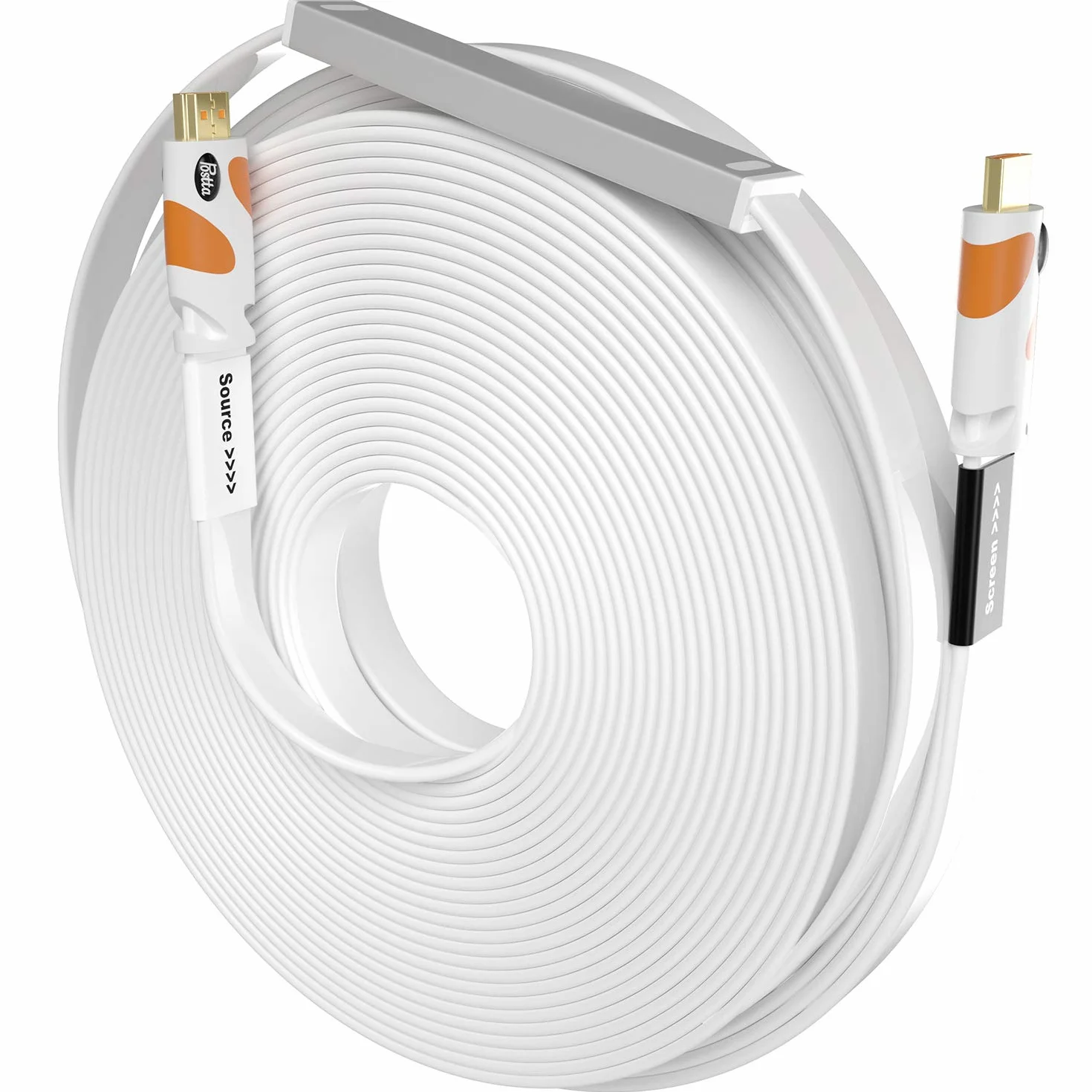 Postta Płaski kabel HDMI 4K HDMI2.0 z wbudowanym wzmacniaczem sygnału, obsługa 4K (2160P), 3D, 1080P, Ethernet, dźwięk zwrotny (biało-pomarańczowy)