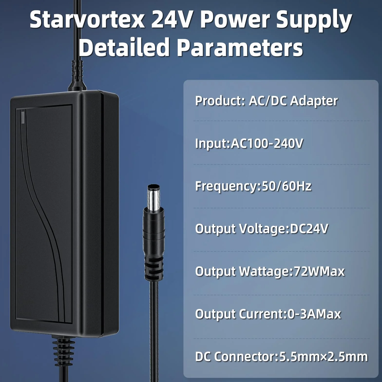 Starvortex Adapter 24V 72W 3A, adapter AC-DC 100-240 V na prąd stały 24 V, uniwersalna ładowarka z gniazdem DC, uniwersalny adapter do taśm LED routerów