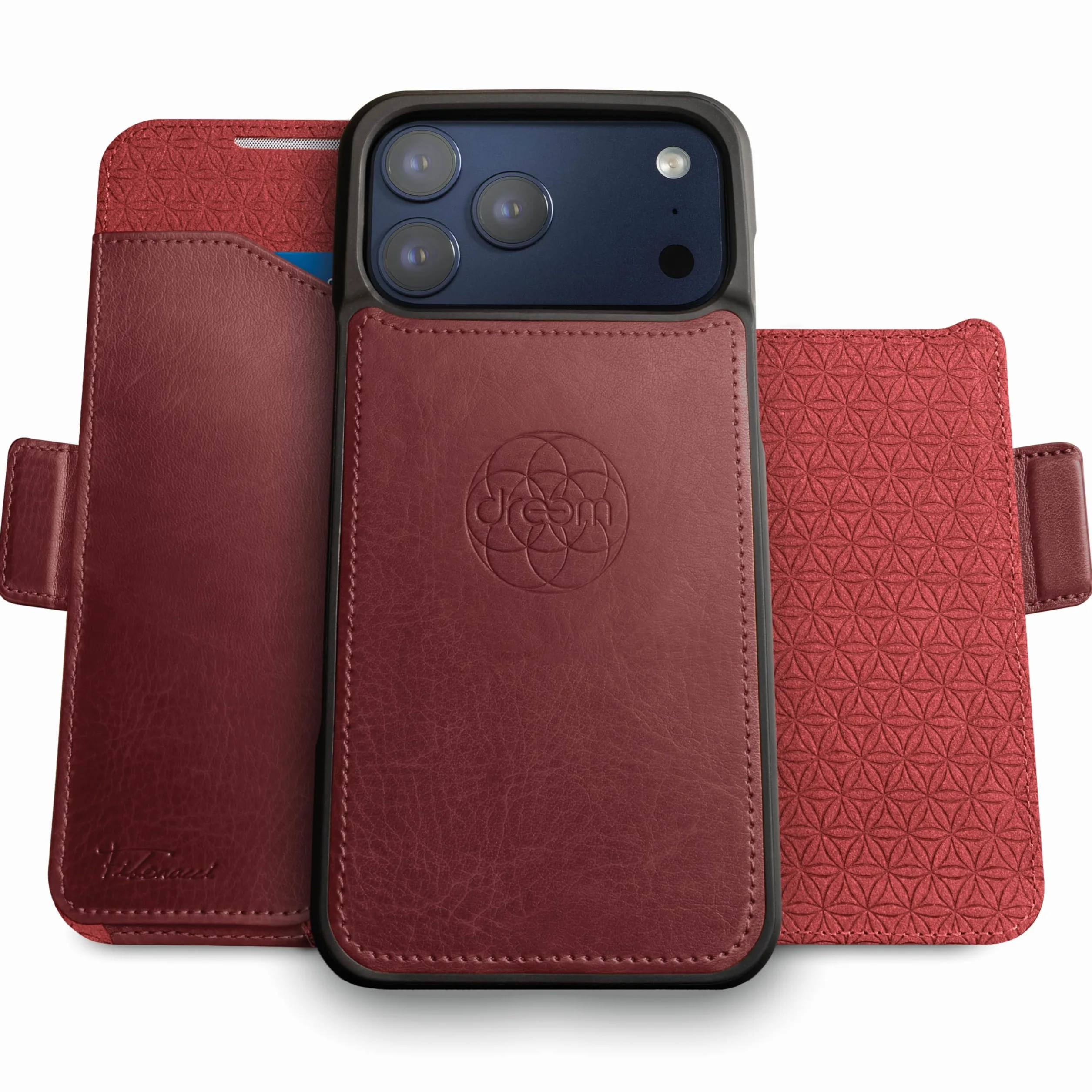 dreem Etui z portfelem do iPhone'a 17 Pro Max, rewolucyjny stojak na telefon, wegańska skóra, magSafe-Fit, magnetyczne odpinane etui z klapką, uchwyt na kartę blokującą RFID, pudełko prezentowe