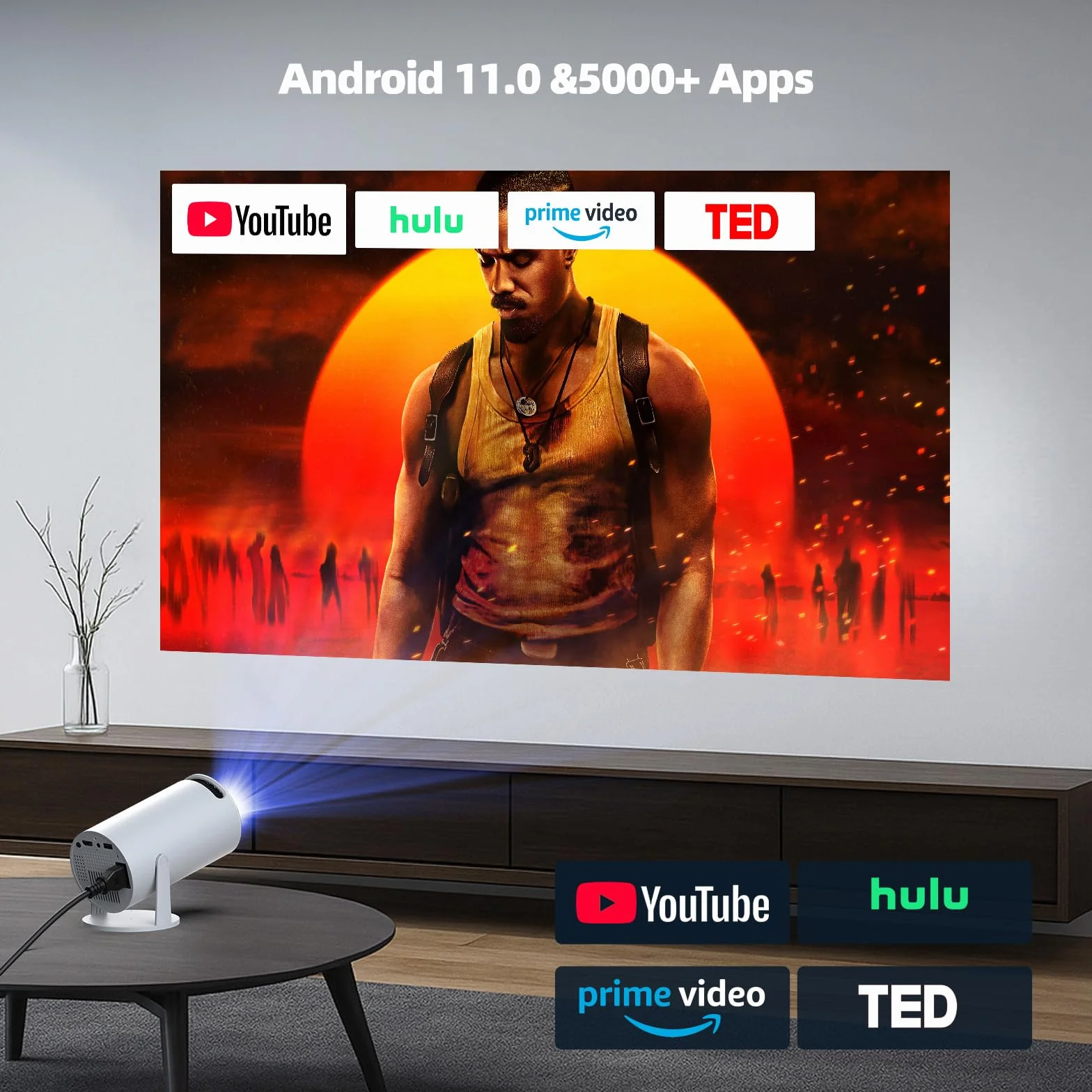 Mini projektor 4K z WiFi6 i BT5.0, Android 11.0, przenośny projektor z obrotem o 220°, automatyczna korekcja trapezowa, inteligentny projektor kina domowego do iPhone'a/PC/Switch