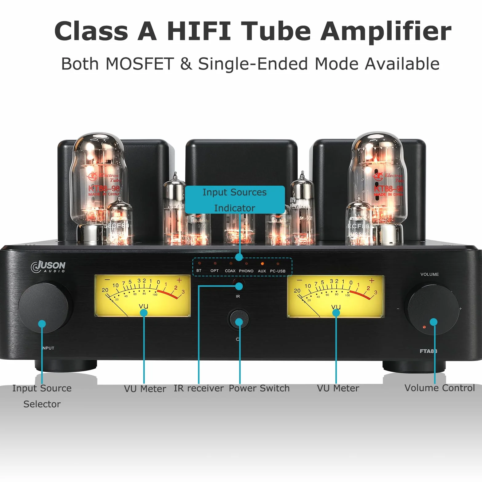 Juson Audio FTA88 Upgrade KT88 wzmacniacz rurowy zaworu, klasa A, wzmacniacz próżniowy HiFi z BT 5.0 Mosfet, jednokierunkowy, podwójny pilot zdalnego sterowania, aptX-HD