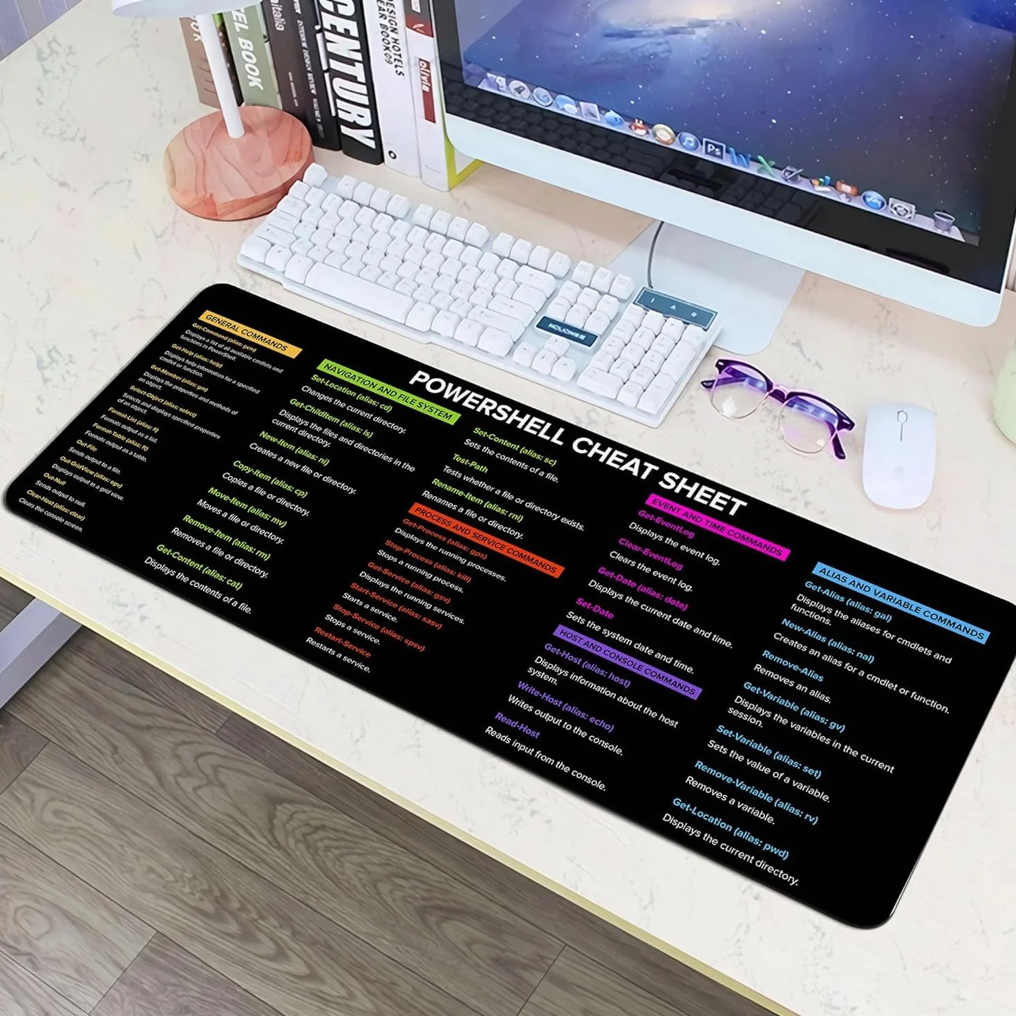 Designfullprint PowerSell ściągawka, PowerShell dla początkujących podkładka pod mysz prezenty wystrój biura domowego | prezent współpracownik | szybki klucz, duża antypoślizgowa podkładka pod