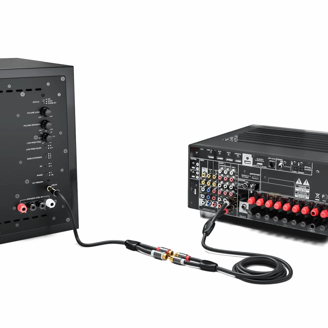 deleyCON 0,20m Kabel Audio AUX Cinch Y‑Adapter Przewód Rozdzielający do Subwoofera 1x Wtyk na 2x Gniazdo RCA Pozłacane Styki
