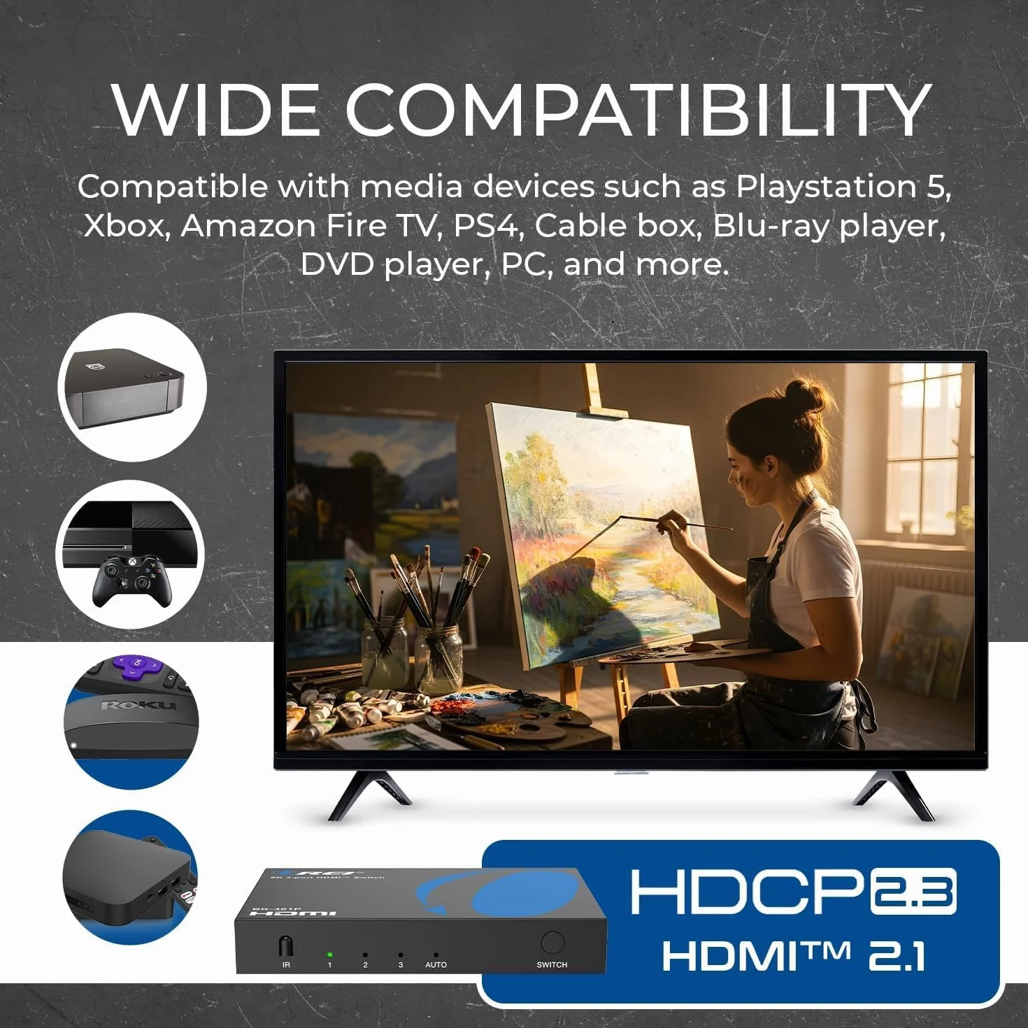 OREI 8K 3-Port HDMI 2.1 Switch, 3-In 1-Out, 8K@60Hz, Manual & Auto Switch | hdmi switch with remote, hdmi switch 4k 120hz, HDR10+, Dolby Vision, VRR, ALLM, CEC, PS5/Xbox compatible