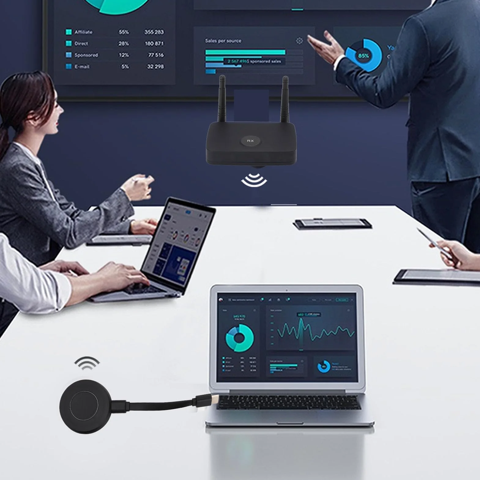 Pyhodi Bezprzewodowy Adapter Dongle Wyświetlacza, 1080p Wireless Extender Nadajnik i Odbiornik, Rozpocznij Rzut Ekranu Bezprzewodowego w Mniej niż 10 Sekund dla Projektora (wtyczka UE)