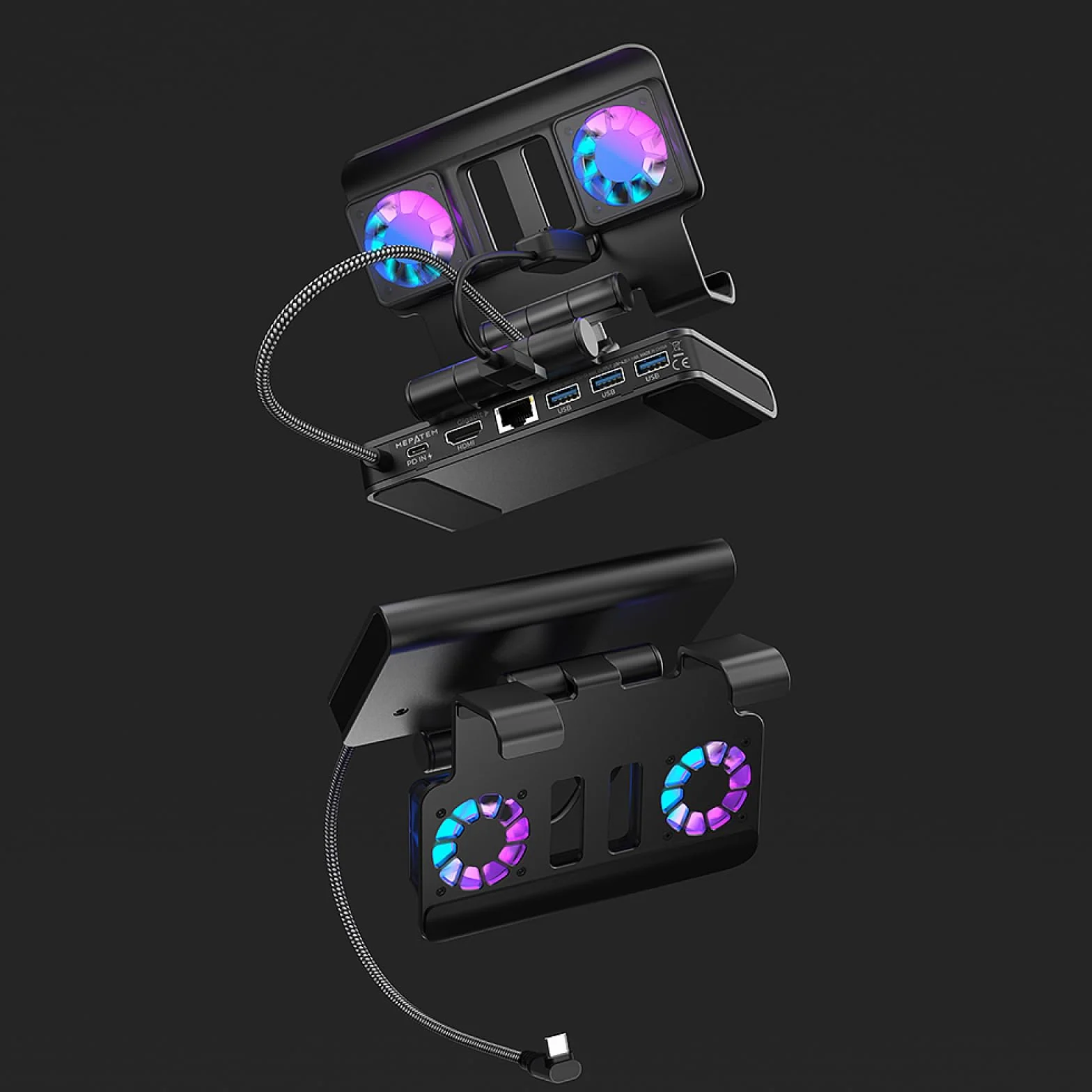 Stacja dokująca do ROG Ally X/Steam Deck/MSI Claw/Legion Go stacja dokująca z dwoma wentylatorami, 4K 144Hz HDMI 2.1 100 W PD USB 3.2 Gigabit Ethernet regulowany stojak (światło RGB)