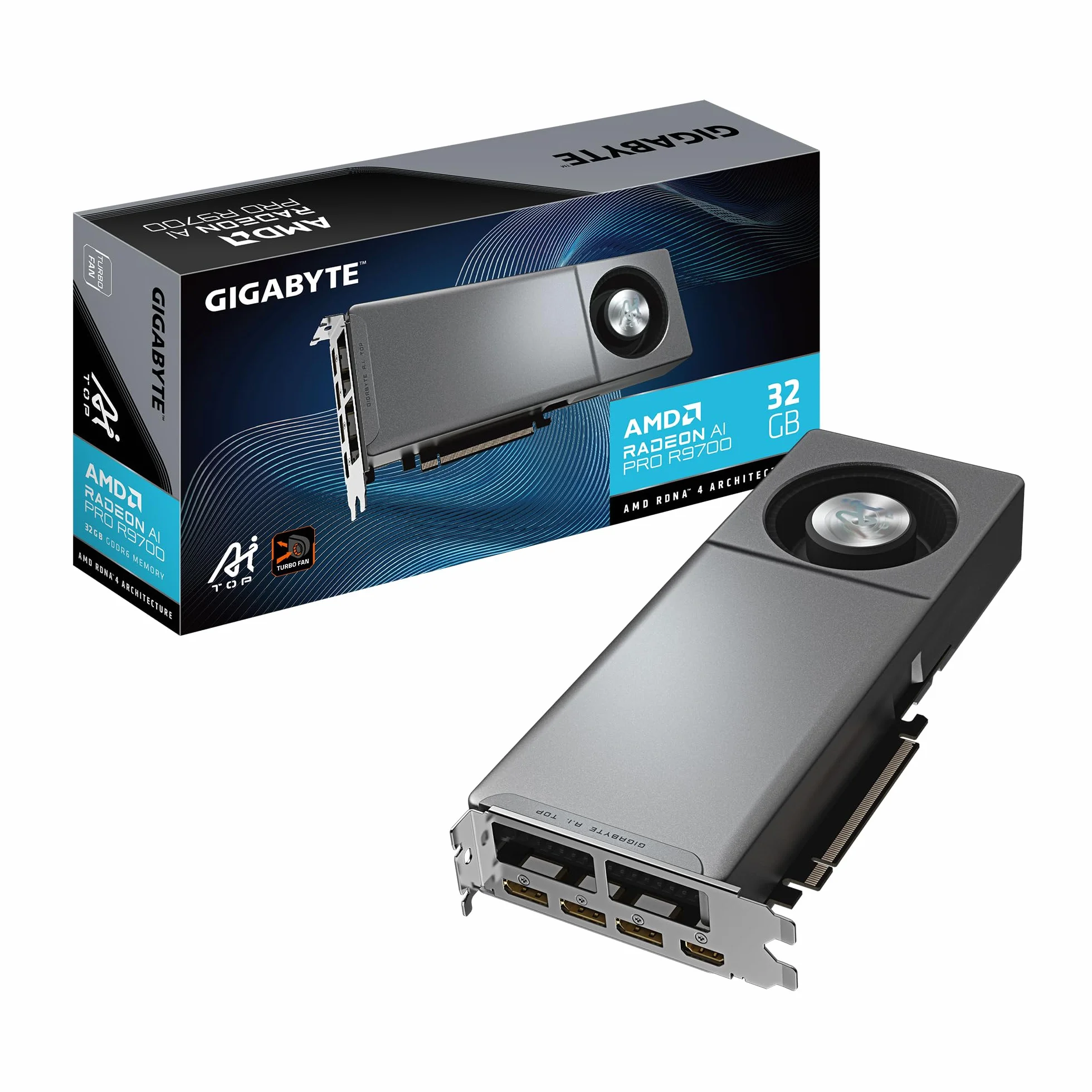Gigabyte Radeon AI PRO R9700 AI TOP 32G karta graficzna - 32 GB GDDR6, 256 bit, PCI-E 5.0, zegar rdzeniowy 2920 MHz, 3 x DP, 1 x HDMI, GV-R9700AI TOP-32GD