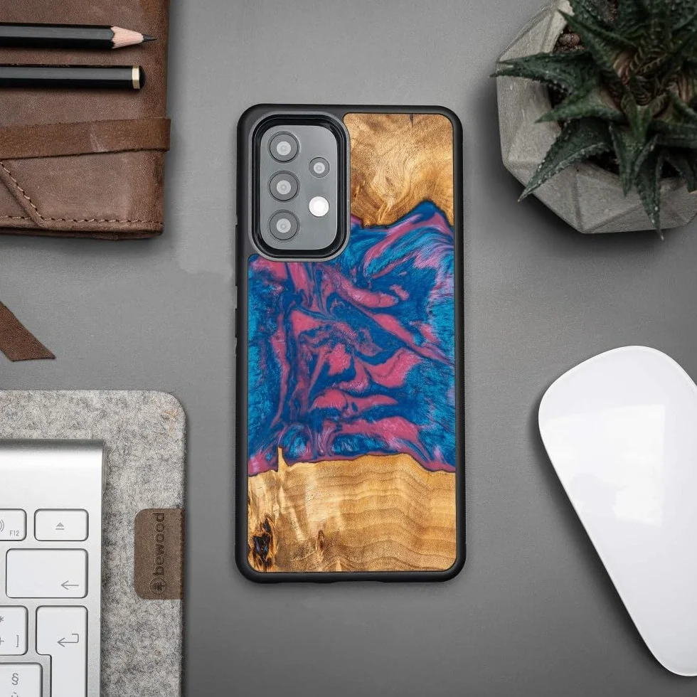 Unikalne etui kompatybilne z Samsung Galaxy A73 5G, etui ochronne z naturalnego drewna i żywicy, ręcznie wykonane, neonowe wzornictwo, odporne na uderzenia, kompatybilne z MagSafe
