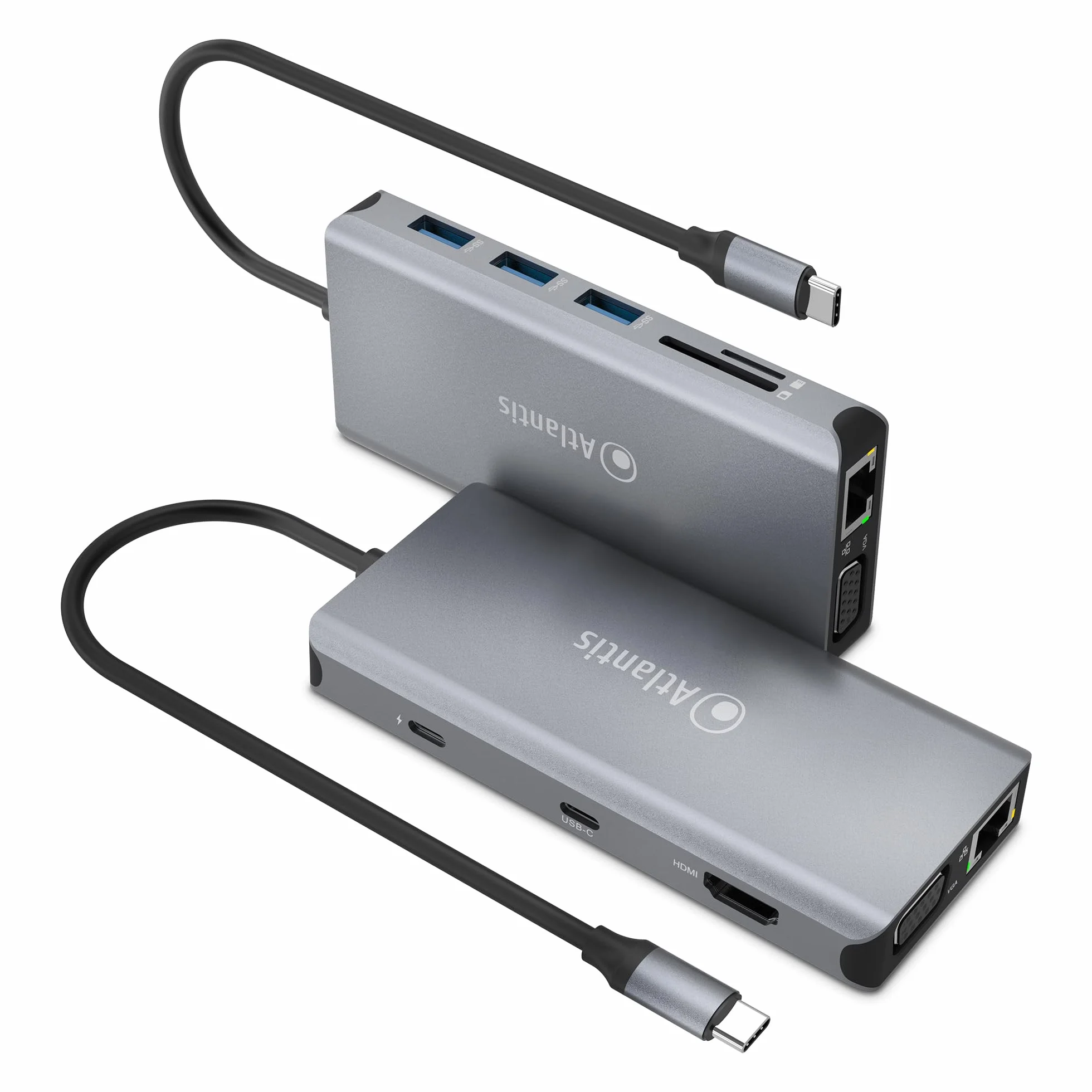 ATLANTIS A04-TC_DK46 Docking Station USB C (Type C) do HDMI 4K, VGA, Ethernet RJ45 Gigabit, 3 USB 3.0, 1 USB C, 1 PD-85W, 1 Audio IN/OUT 3.5mm, czytnik kart. Kabel 18 cm. Kompatybilny ze wszystkimi