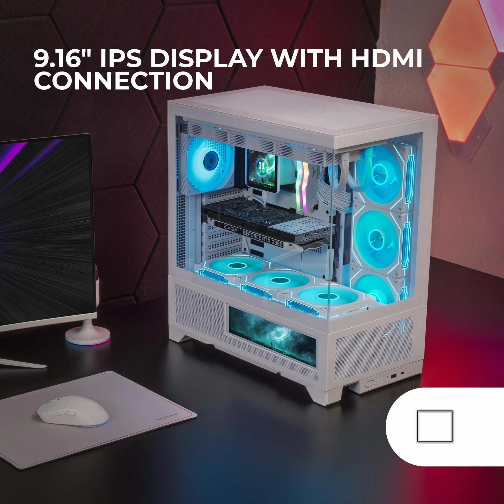 Mars Gaming MC-LCDX, Obudowa Gamingowa ATX, Zintegrowany Ekran IPS 9.16" i Złącze HDMI, Ciągłe Hartowane Szkło, Dolny Panel Full Mesh, Podwójna Komora, Wsparcie Chłodzenia Wodnego do 360mm, Biała