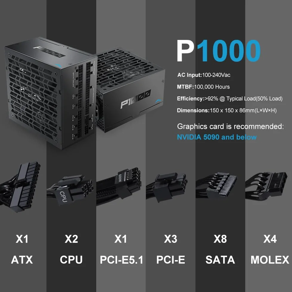 Zasilacz SAMA P1000 1000W Platinum, ATX 3.1, w pełni modularny, czarny | PCIe 5.1, certyfikat 80 Plus Platinum i Cybenetics, japońskie kondensatory, ultra-cichy wentylator 140 mm FDB