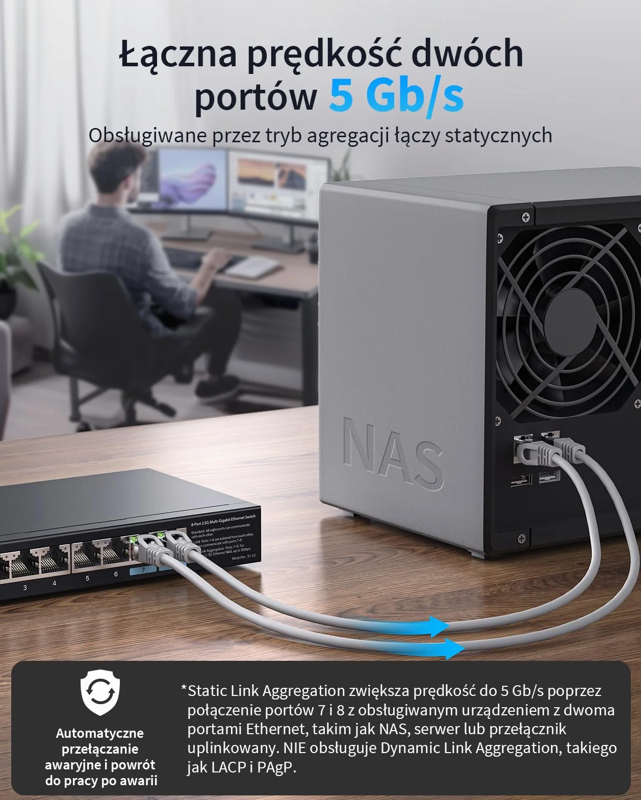 BrosTrend Przełącznik 2,5 Gb, niezarządzany 8-portowy przełącznik Ethernet 2,5 Gigabit obsługujący agregację statycznych łączy i VLAN, rozdzielacz Multi Gig do gier, NAS, PC, dożywotnia gwarancja