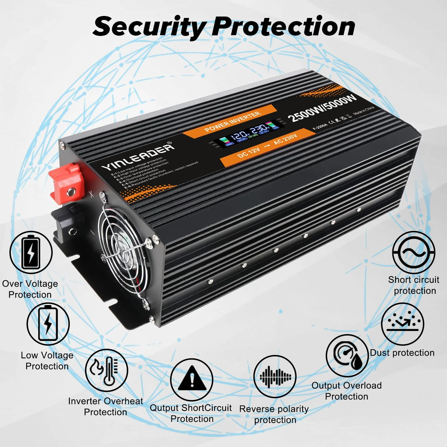 Yinleader Falownik 12 V 230 V 2500 W konwerter mocy z wyświetlaczem LCD 2 gniazda AC do paneli słonecznych samochodów RV