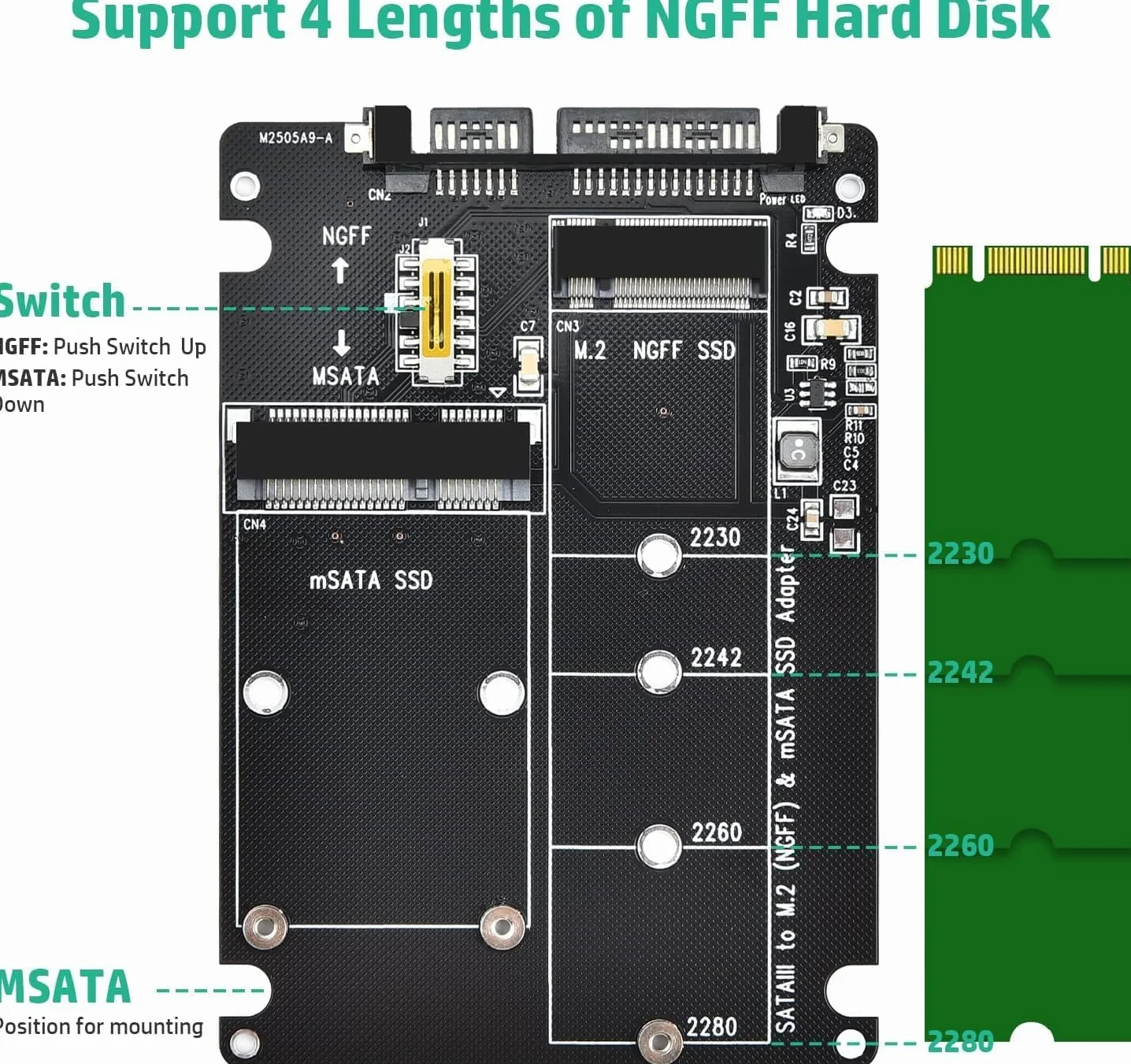 ELUTENG Adapter M.2 NGFF/mSATA 2,5" SATA III, 2 w 1 konwerter do MSATA i B Key/B&M NGFF SSD klucza (NIE obsługuje NVMe/PCIe ani M-Key)
