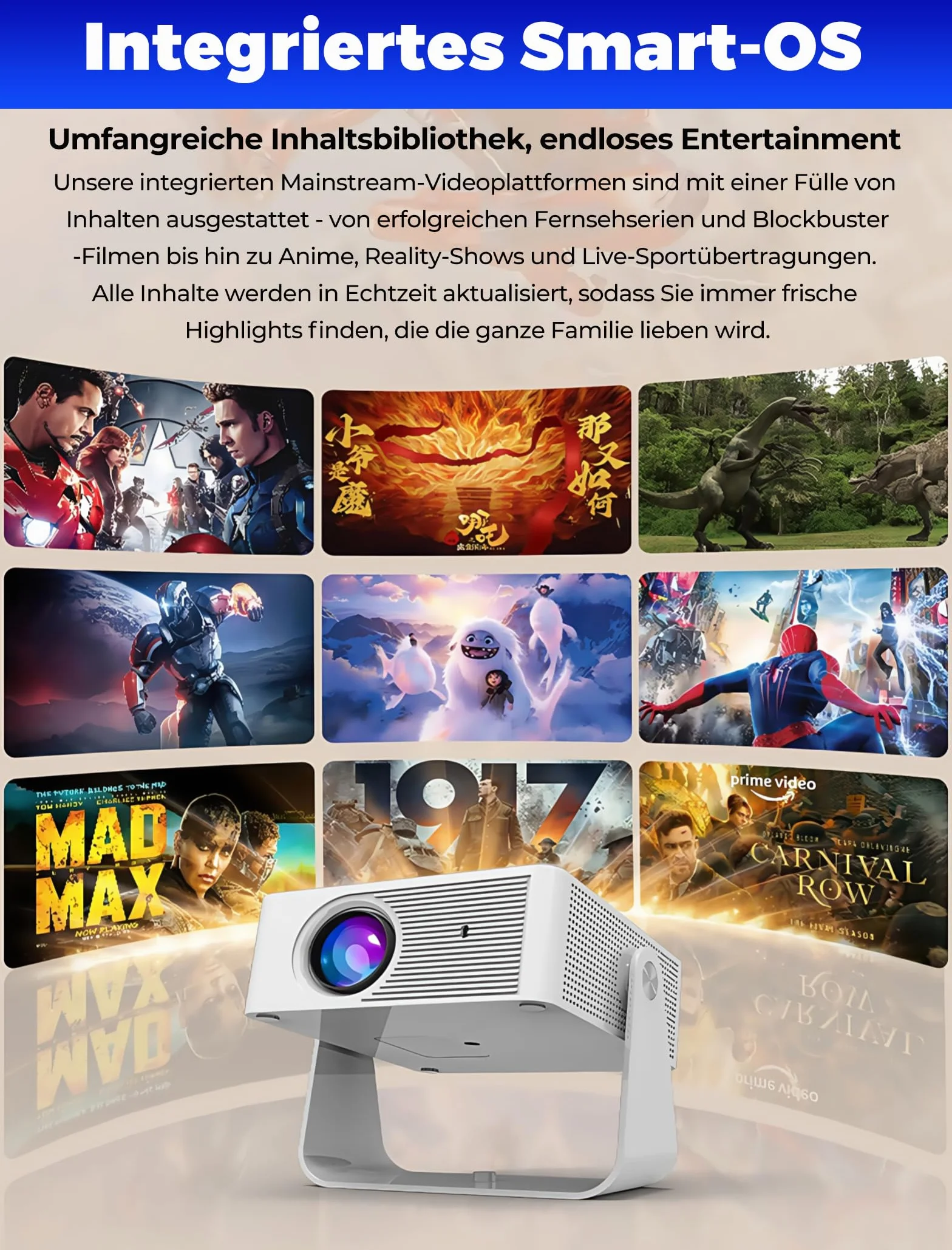 Mini projektor z WiFi 6 i Bluetooth 5.4, przenośny projektor z obsługą 4K/1080P, projektor wideo z pilotem zdalnego sterowania, inteligentny projektor kompatybilny ze smartfonami/TV Stick/HDMI/USB