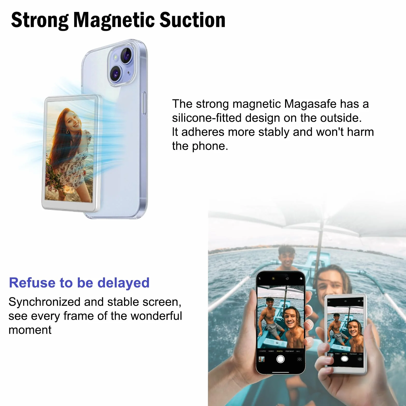 MOJOGEAR VS2 monitor do selfie vlogów kompatybilny z iPhone i Android - biały - bezprzewodowy zewnętrzny monitor 4,02 cala do aparatu głównego, magnetyczny z Mag Safe - w zestawie pilot zdalnego