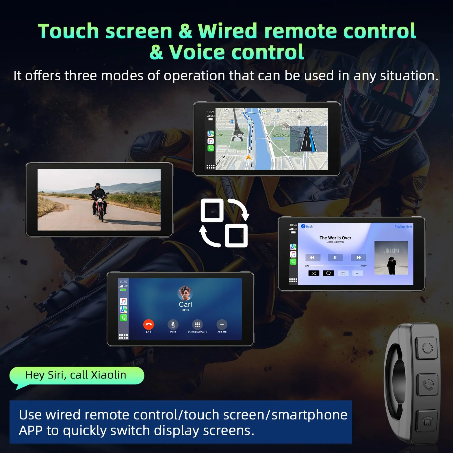 Volam Carplay Motorcycle Android Auto, przenośny wyświetlacz Carplay z kamerą przednią i tylną 2K+1080P dla motocykli, wodoodporny ekran dotykowy 5,5 cala, nawigacja, asystent Siri/G-oogle, aplikacja
