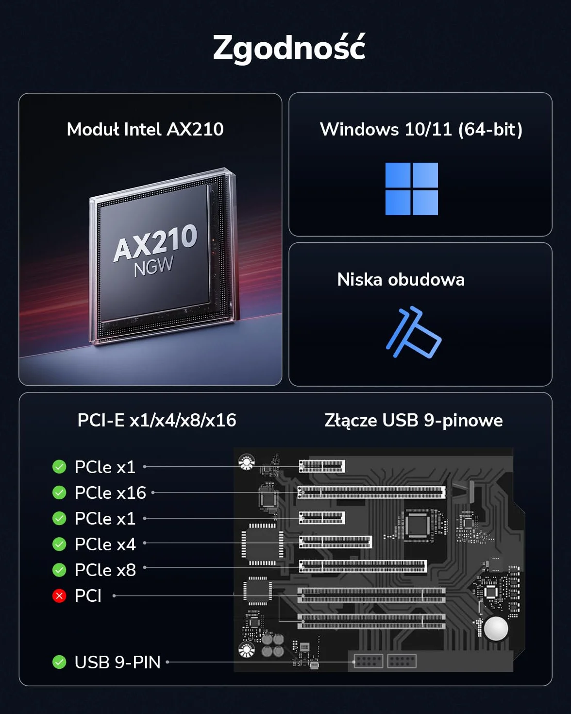 Cudy WE3000S AX3000 bezprzewodowa karta PCIe 6 do PC, Bluetooth 5.0, 2402 Mbps + 574 Mbps, AX200 wewnątrz, Bluetooth 5.0/4.2/4.0, 802.11ax/ac/a/b/g/n, tylko Windows 10 64-bit