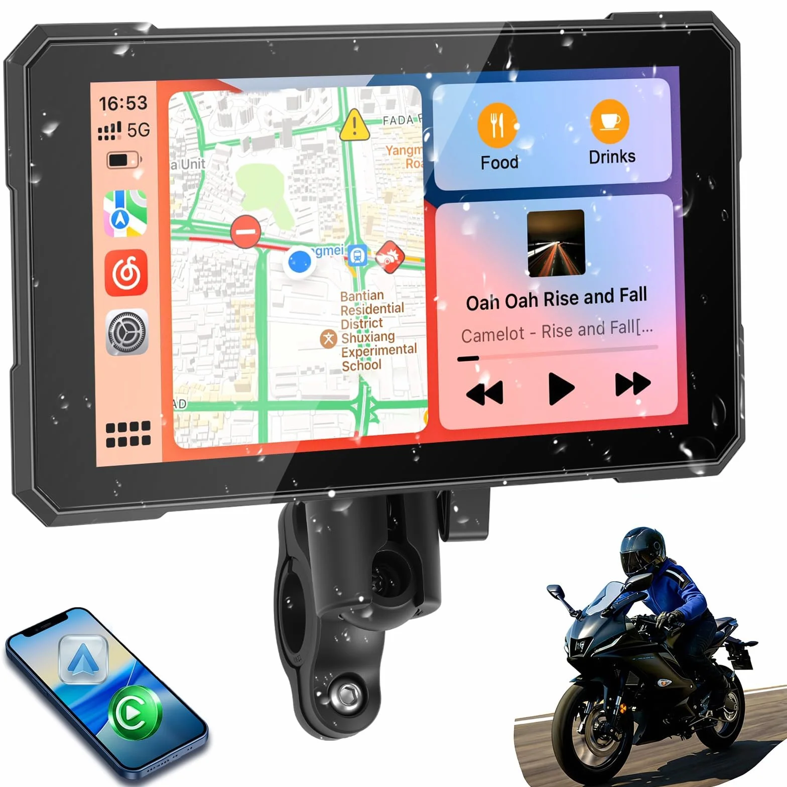 5-calowy wyświetlacz Motorfiets Carplay z bezprzewodowym CarPlay i Android Auto, wodoodporny IP67, 0z obsługą monitorowania ciśnienia w oponach, nawigacji GPS i sterowania głosowego – Nadaje się do