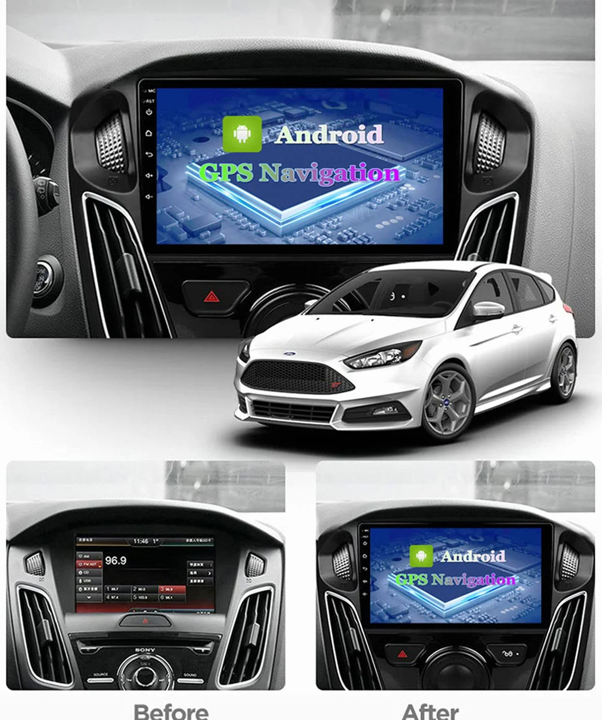 Nawigacja GPS do samochodu 9-calowy ekran dotykowy HD, 1G RAM Pojazdu GPS System nawigacji Nawigacja Nawigacja dla Focus 2012-2015, aktualizacja mapy Lifetime za darmo