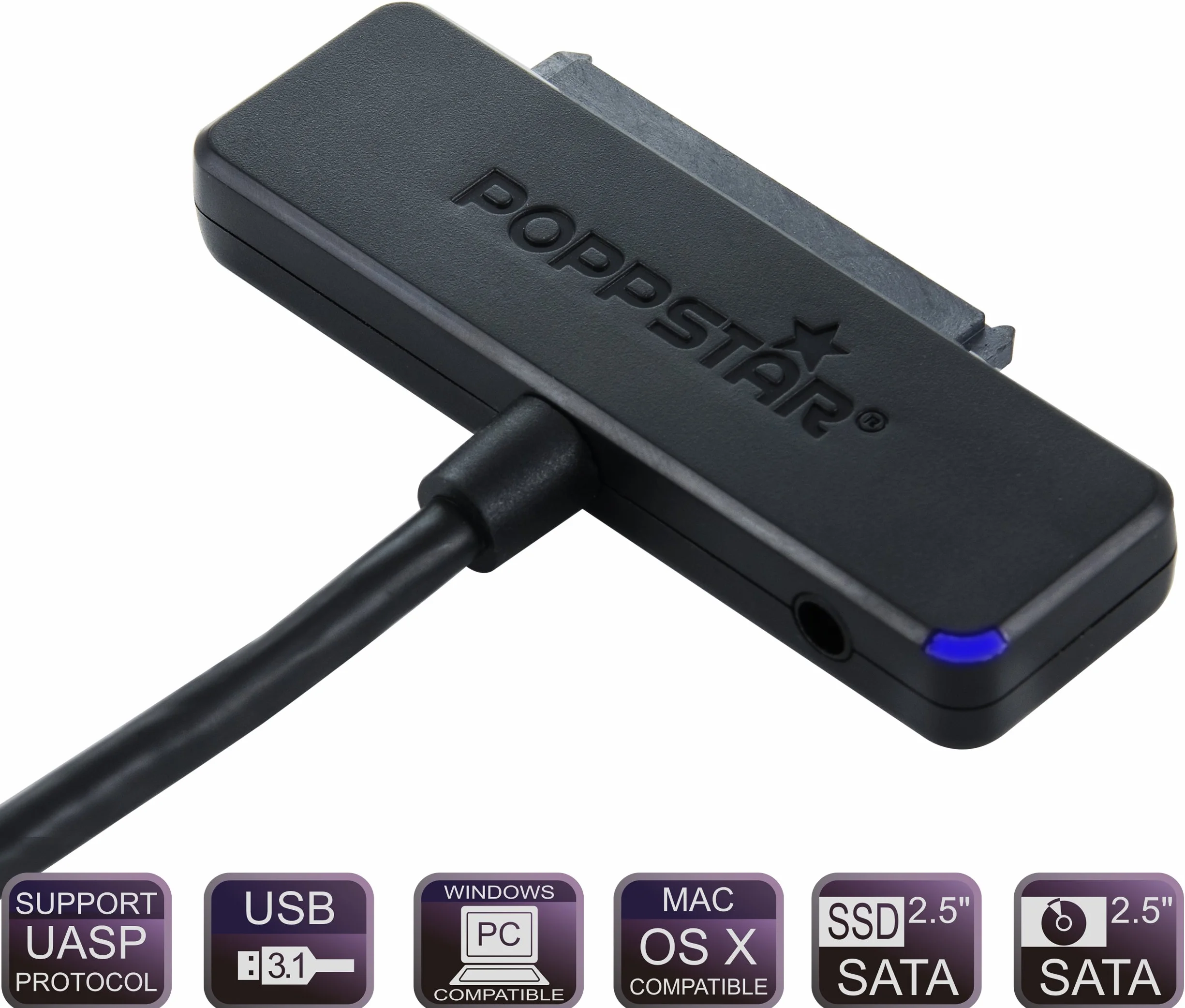 Poppstar adapter do dysku twardego (USB 3.1 Gen 1 typ A), kabel USB SATA do dysków zewnętrznych (SSD, HDD, 2,5 i 3,5 cala) do 5 Gb/s, obsługa UASP dł. kabla 1m (bez zasilacza)