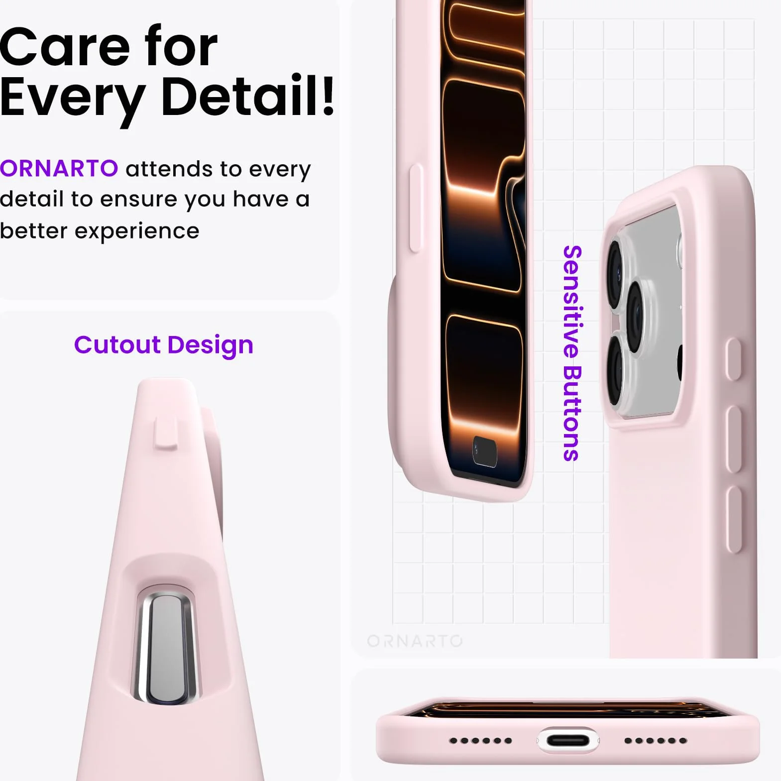 ORNARTO Etui kompatybilne z iPhone'a 17 Pro Max 6.9", smukłe, płynne silikonowe, 3 warstwy, w pełni pokryte, miękkie żelowe gumowe etui na telefon 17 Pro Max 6.9" - kredowo różowy