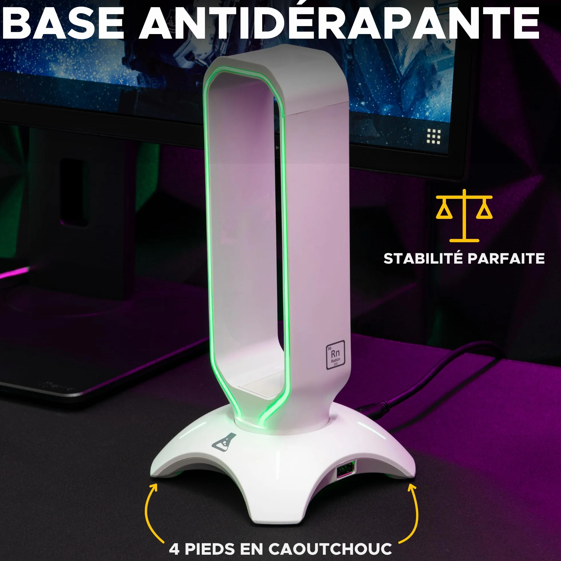 G-Lab K-Stand Radon - Podświetlenie RGB, hub USB 2 x 2.0, antypoślizgowa podstawa - Uniwersalny uchwyt do słuchawek i mikrofonu do gier - Biały