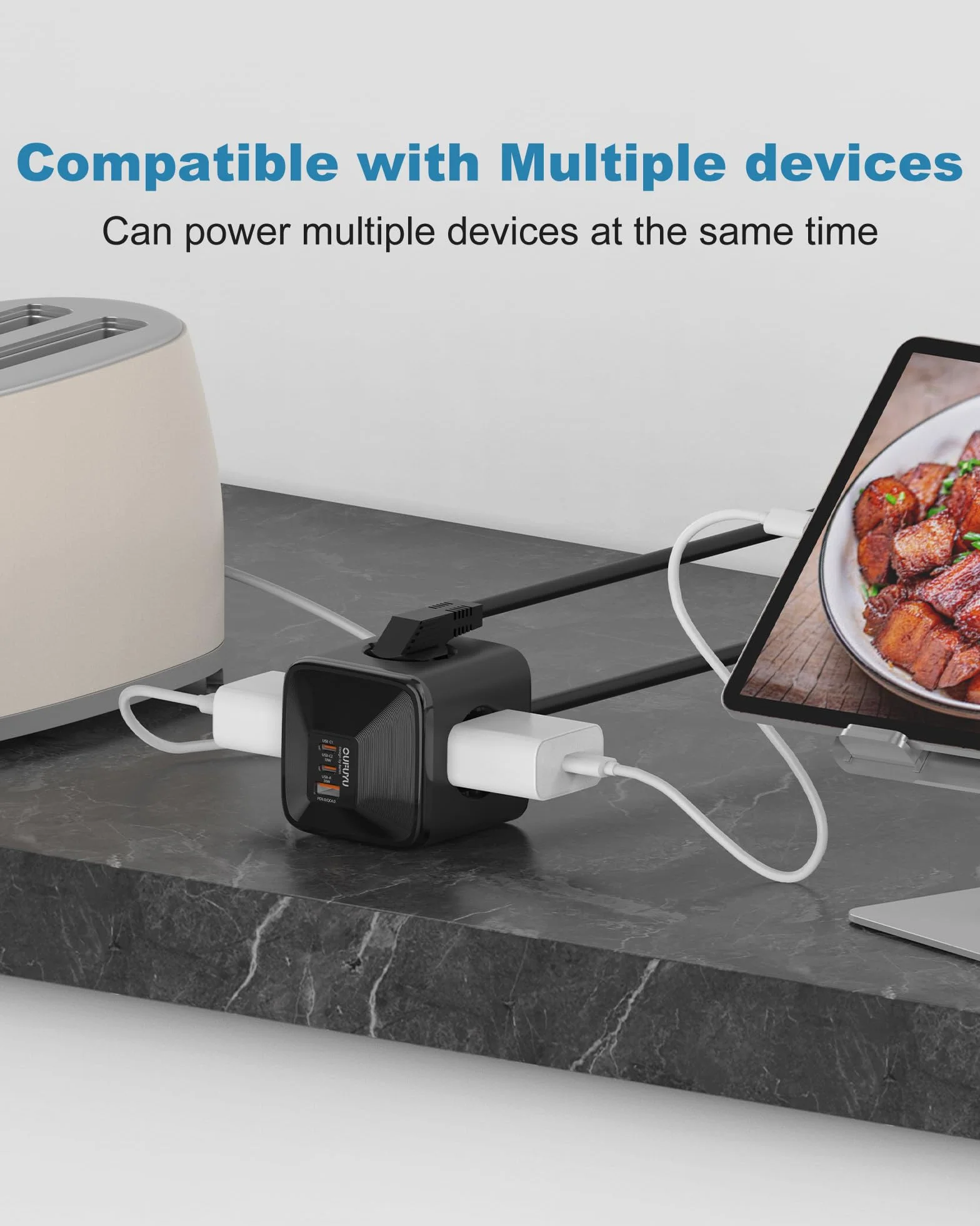 Listwa zasilająca z 4 gniazdami 4000 W, 2 USB C i 1 USB A 30 W, szybka ładowarka do MacBooka, iPada, iPhone'a 16/15/14/13/12, Galaxy S24, drukarka, dom, biuro, kabel o długości 1,5 m
