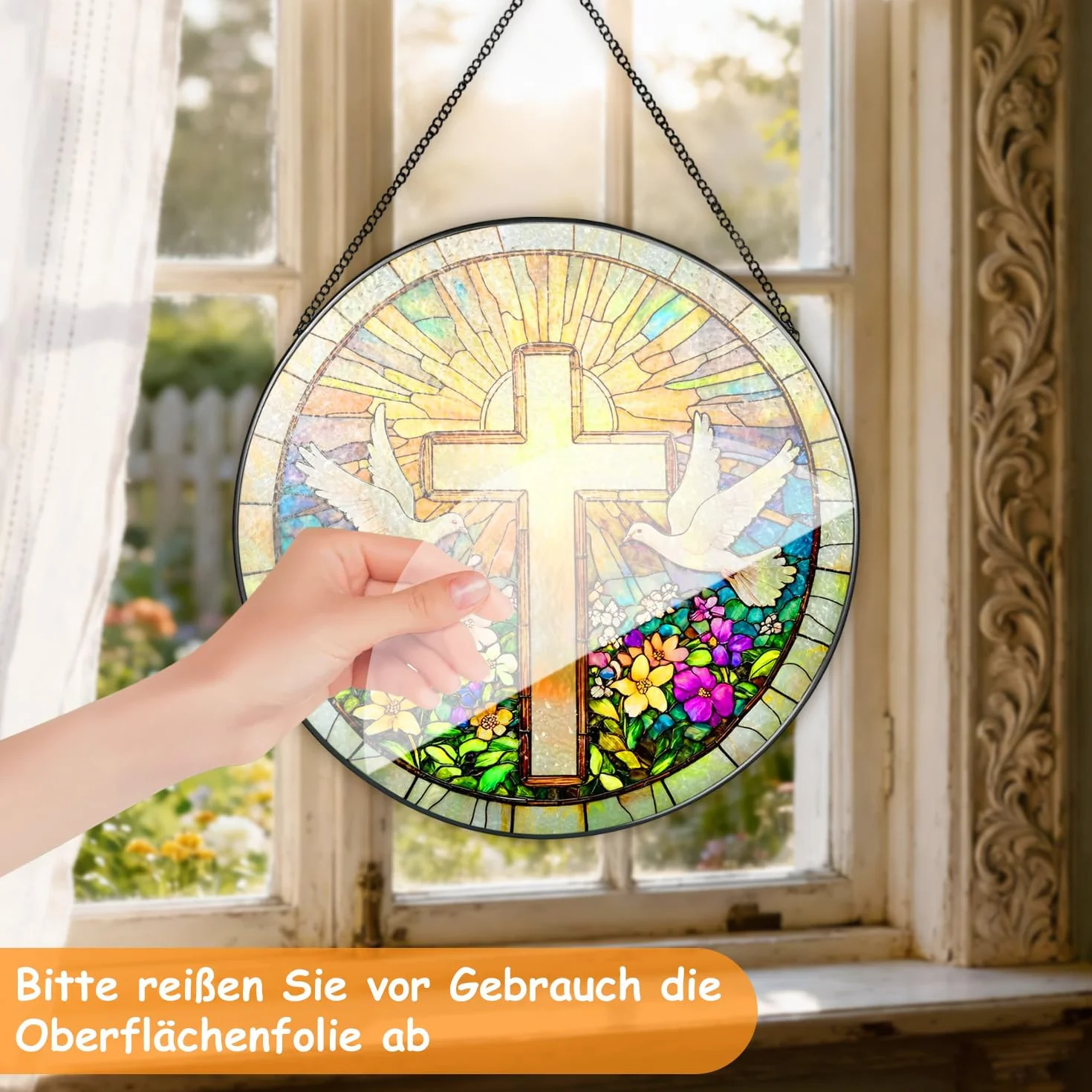 Krzyż dekoracja okienna wisząca 20×20cm efekt witrażu religijna dekoracja ścienna