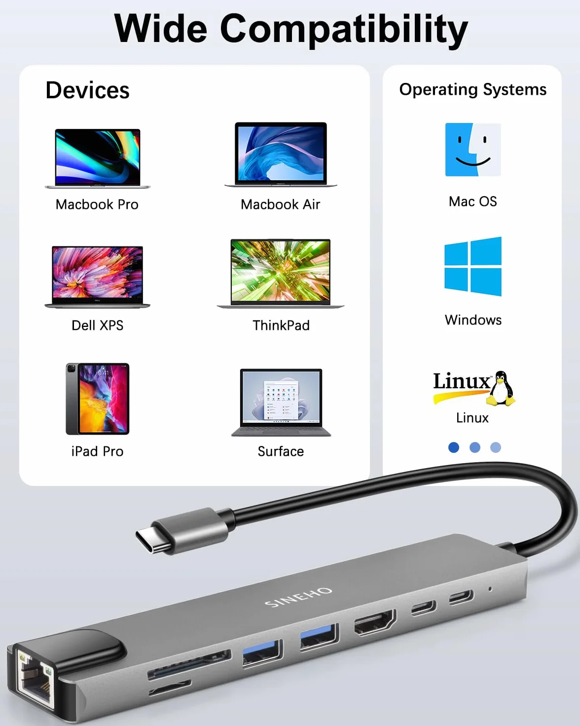 Hub USB C 8 w 1 HDMI 4K 30 Hz PD 100 W USB 3.0 Ethernet czytnik kart SD/TF MacBook Dell XPS Surface Pro