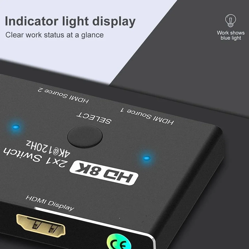 HDMI Ultra HD 8K HDMI 2.1 High Speed 48 Gb/s, przełącznik kierunkowy, tylko 2 cale, 1 wyjście 8K przy 60 Hz 4K przy 120 Hz, konwerter kompatybilny z projektorami Xbox PS5, monitorami