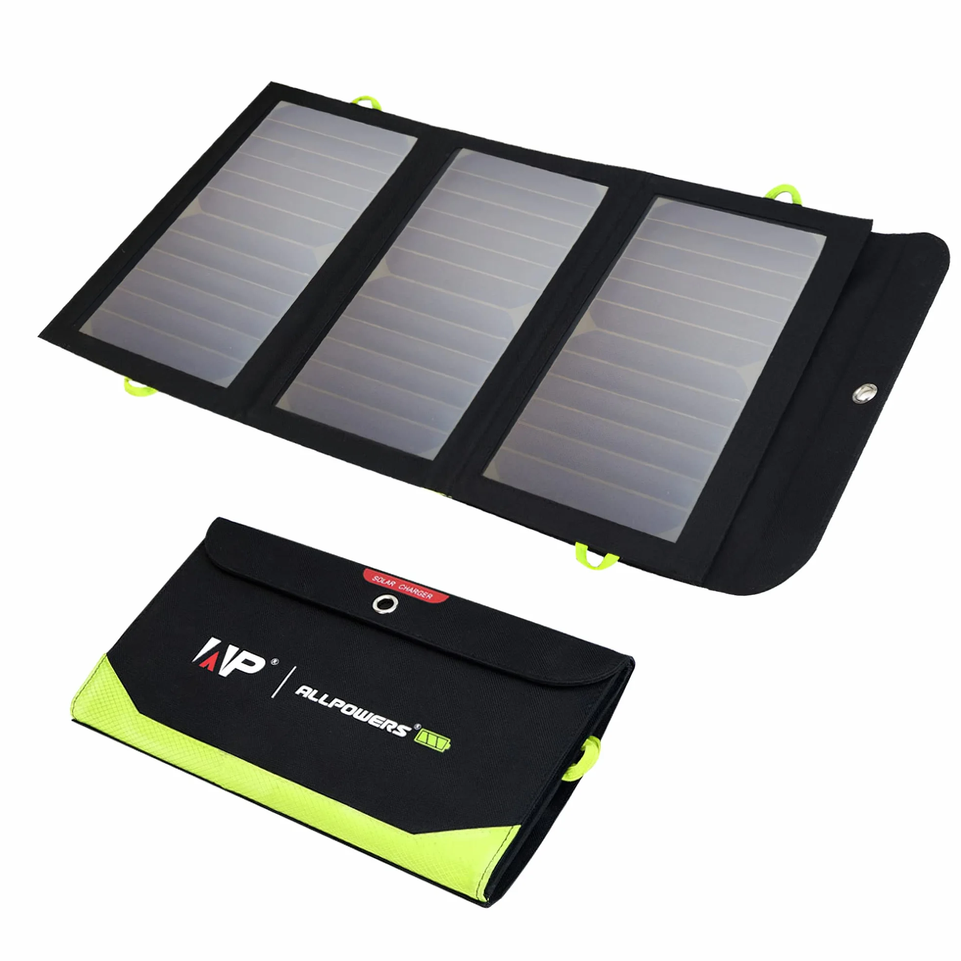 ALLPOWERS Panel słoneczny 5 V, 21 W, przenośna ładowarka solarna, 3 wyjścia USB i 2 wejścia USB, wodoszczelny, składany panel słoneczny, ładowarka solarna, powerbank do smartfonów, tabletów,