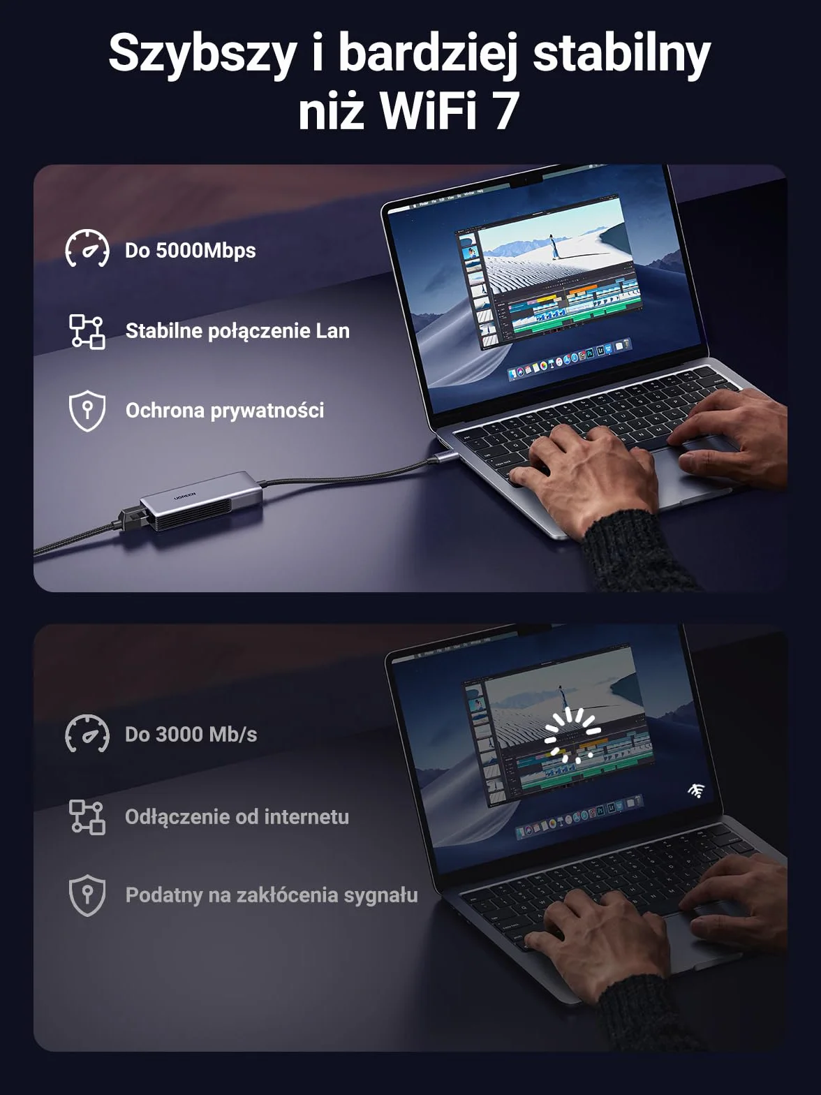 UGREEN 5Gbps USB C LAN Adapter Ethernet Adapter 5000Mbps RJ45 Adapter sieciowy kompatybilny z NAS, MacBook Pro M4, Mac Mini M4, Windows 11, macOS i Linux.