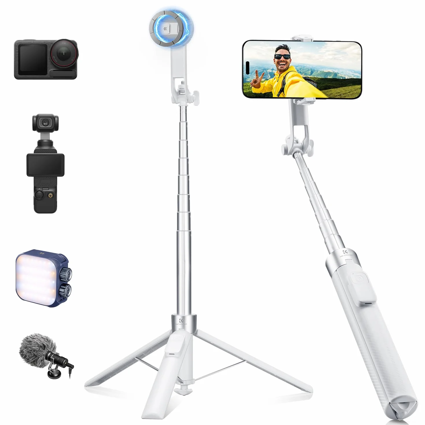 Statyw K&F CONCEPT Popod 3 w 1 do telefonu ze zdalnym spustem migawki, obrotowy magnetyczny kij do selfie 360° z klipsem, kompatybilny z telefonami iPhone/Samsung/Android i DJI Osmo Pocket 3/4 (biały)