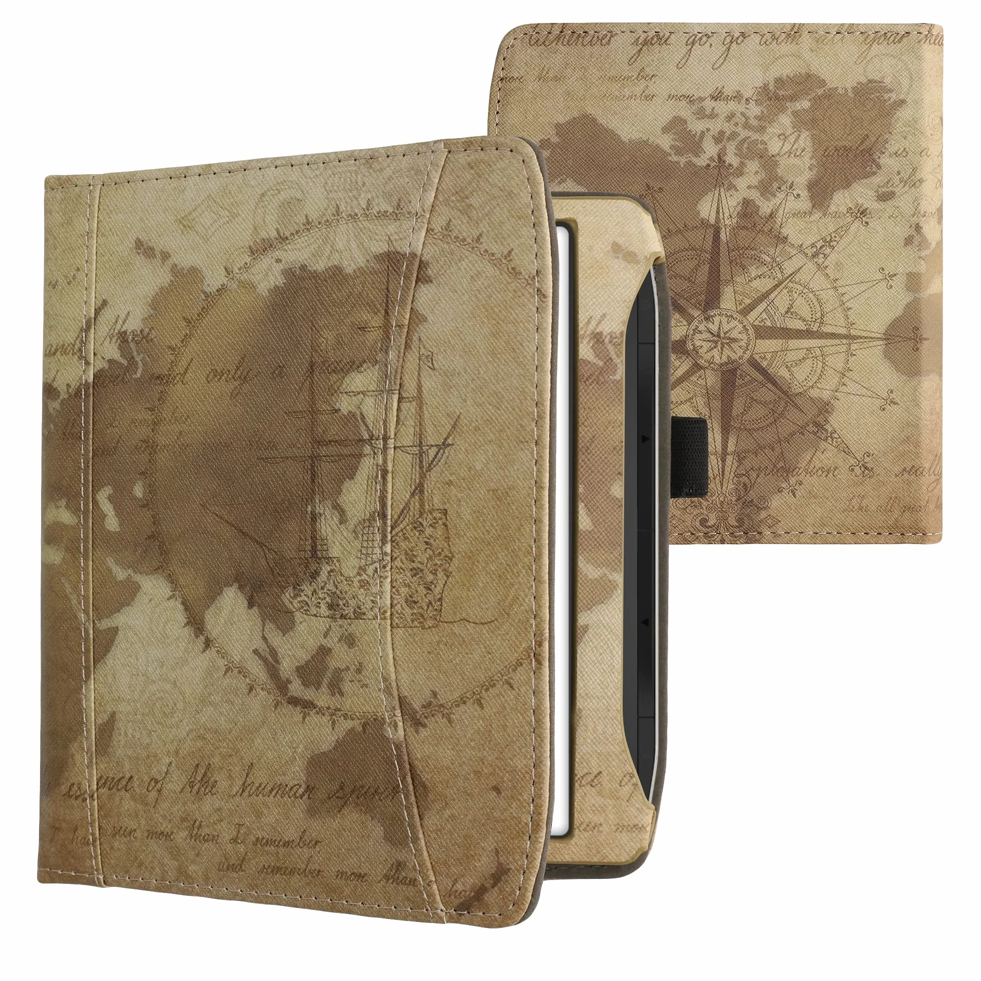 kwmobile Etui z klapką kompatybilne z Pocketbook Era/Era Color - przednia kieszeń na pasek na rękę - Travel Vintage brązowe jasnobrązowe