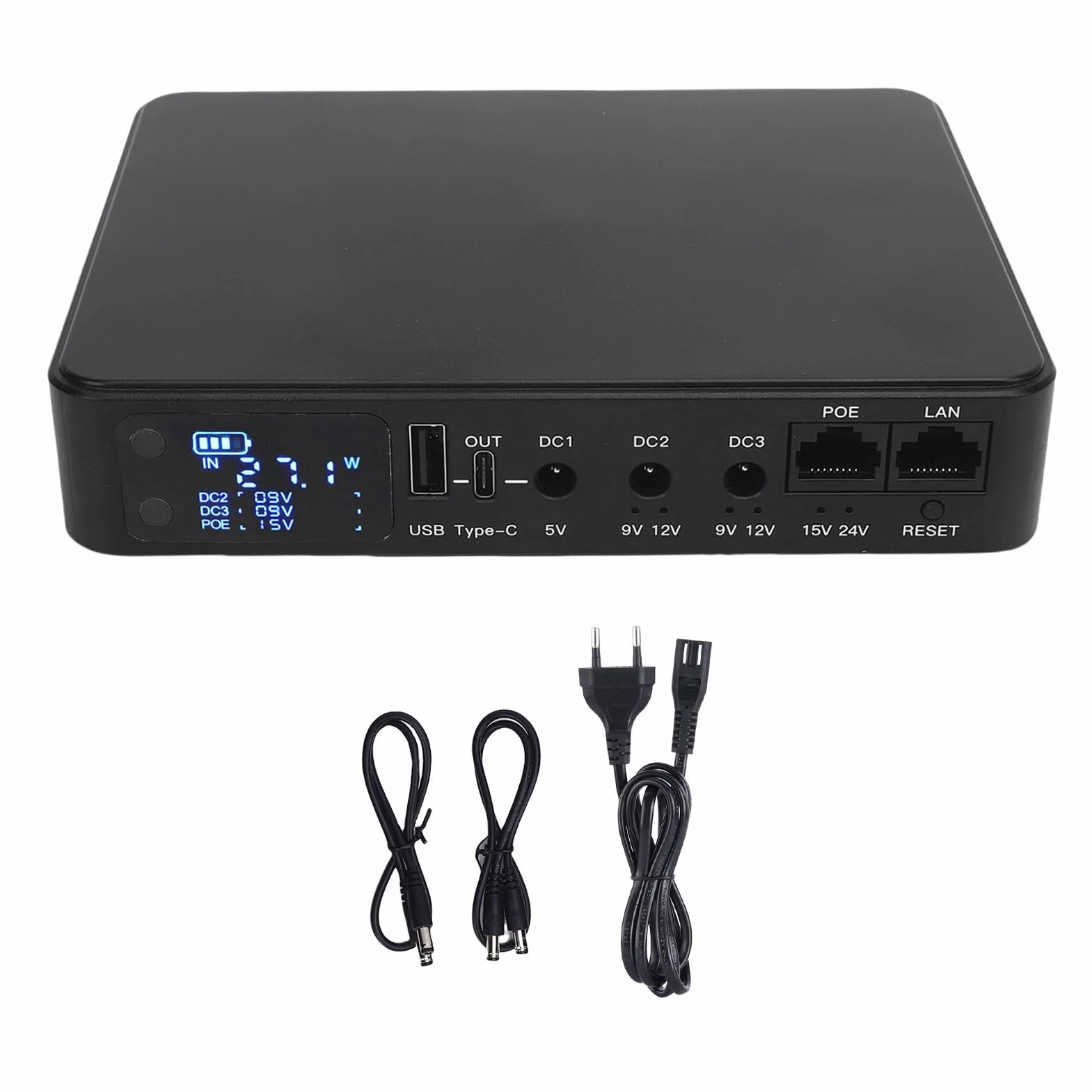 Fockety 18000mAh Mini Zasilanie z Zasilaniem UPS, 5 Gniazdek Zapasowy Zasilanie z Zasilaniem z Multi Napięć DC 5V 9V 12V, Zasilacz Awaryjny do Routera WiFi, Kamera Bezpieczeństwa (wtyczka UE)
