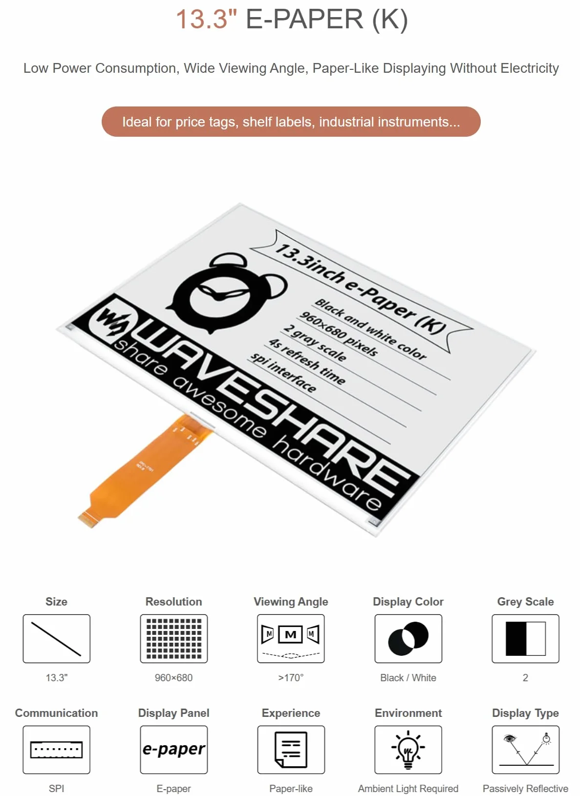 13,3" E-Ink E-Paper Raw wyświetlacz kompatybilny z Raspberry Pi, rozdzielczość 960 × 680 pikseli, interfejs SPI, komunikacja bez PCB, niskie zużycie energii, szeroki kąt widzenia