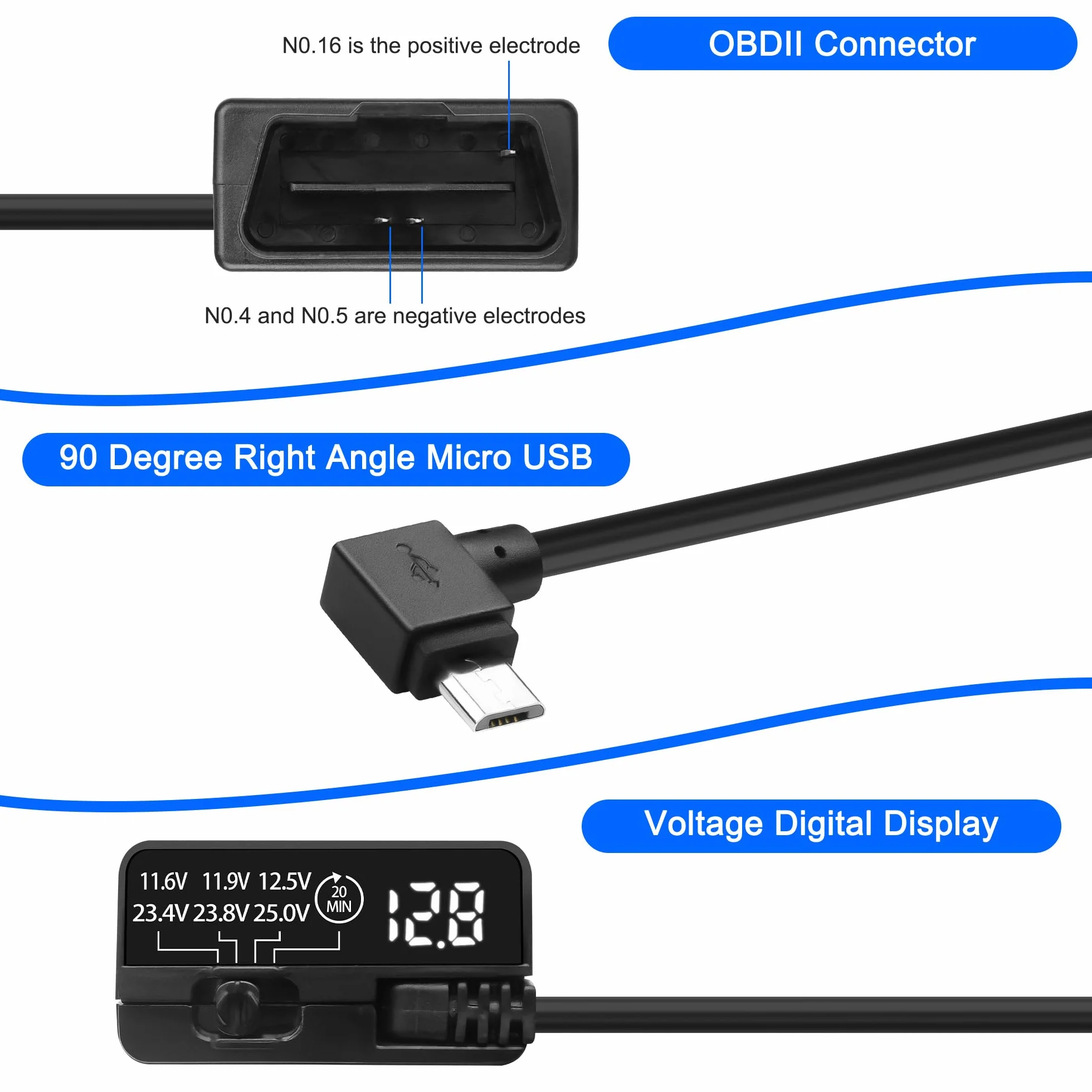 Kabel sieciowy OBD do kamery samochodowej micro USB 90 stopni 12V-24V do 5V Dash Cam Hardwire Kit z LED i ochroną niskiego napięcia
