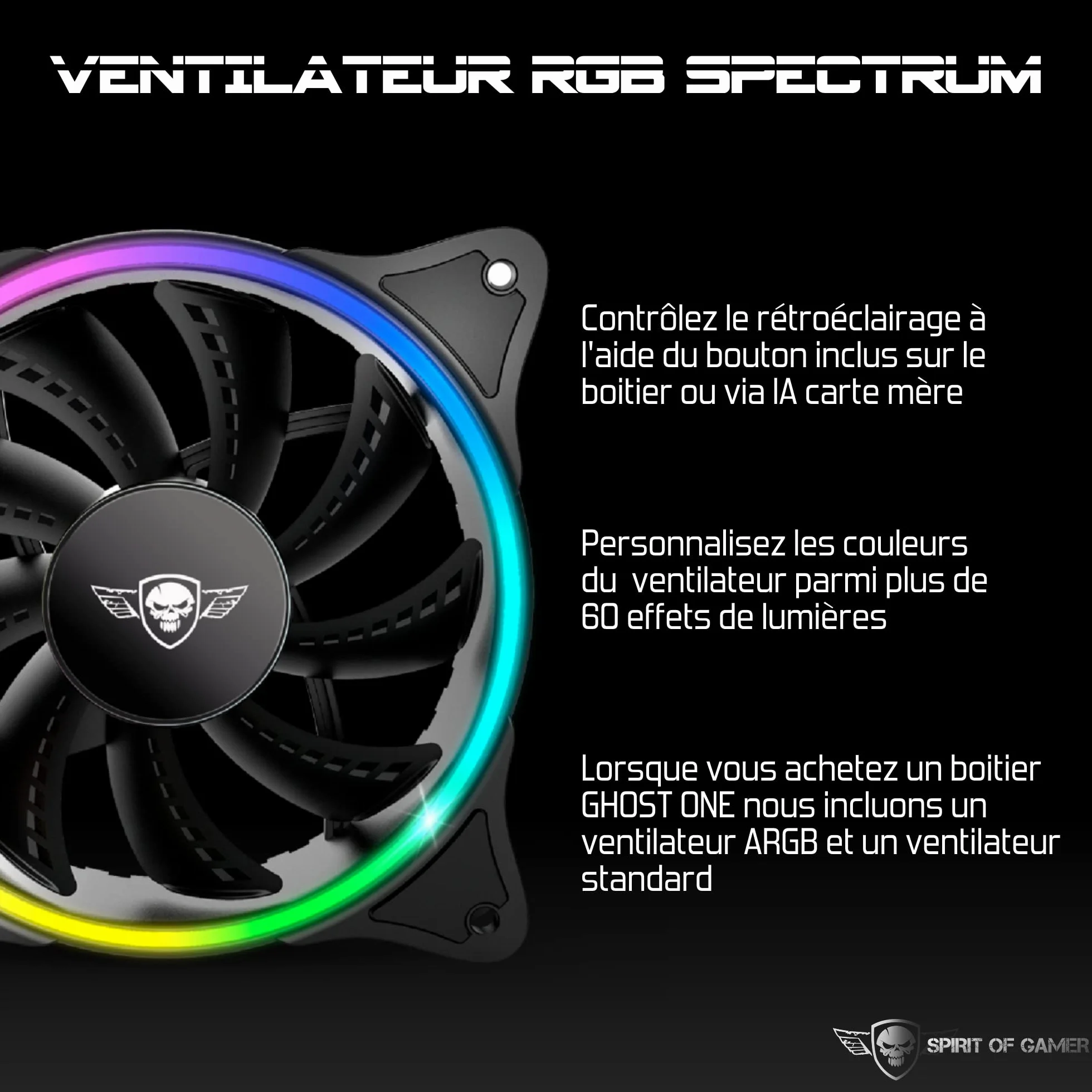 SPIRIT OF GAMER - RGB Ghost One PC PC - Przód i ściana ze szkła hartowanego - 60 trybów podświetlenia - 2 boczne wentylatory 120 mm w zestawie - Kompatybilny z Aura/MSI Mystic/ASROCK