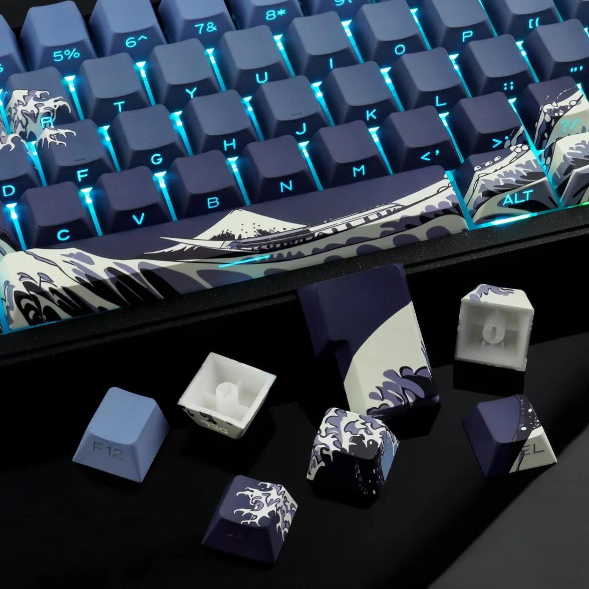 Hyekic Nasadki klawiszy PBT, 131 klawiszy Blue Ukiyo-e, profil Cherry, przezroczyste, przełączniki Cherry MX/Gateron, klawiatury mechaniczne
