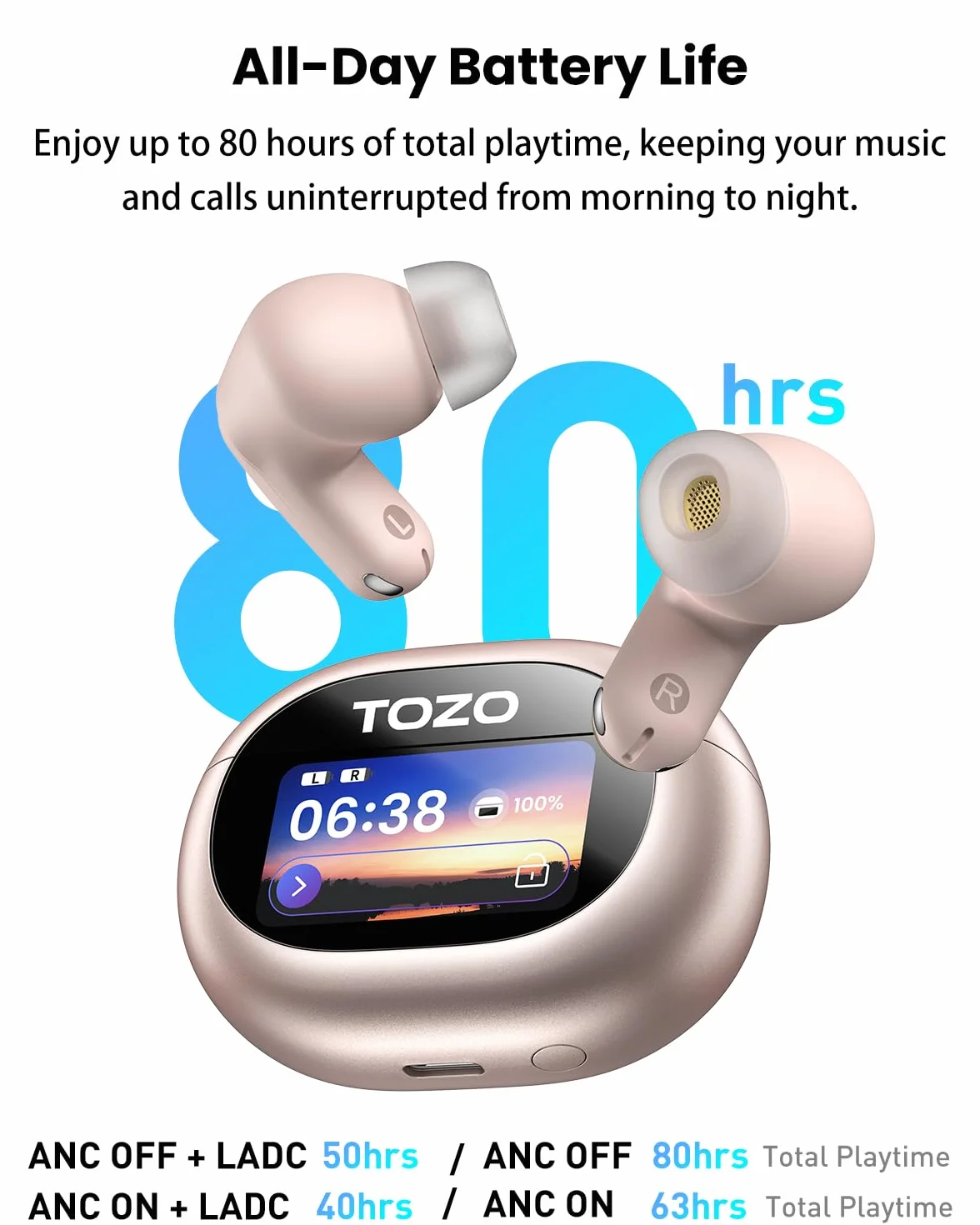 TOZO NC20 Pro 5.4 Bluetooth Słuchawki z ANC, kolorowy ekran dotykowy, 6 mikrofonów z redukcją szumów AA, LDAC Hi-Res Audio, 80 godzin odtwarzania, bezprzewodowe ładowanie EQ, regulacja typu C IPX8