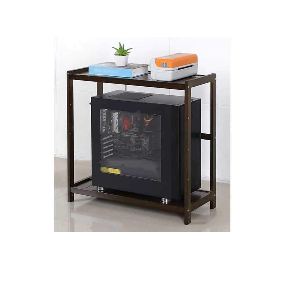 Stojak na komputer PC Tower Stand, bambusowy procesor z miejscem do przechowywania, 2-poziomowy uchwyt, drukarka półkowa do biura domowego pod biurkiem (brązowy, 51 x 26 x 56 cm)