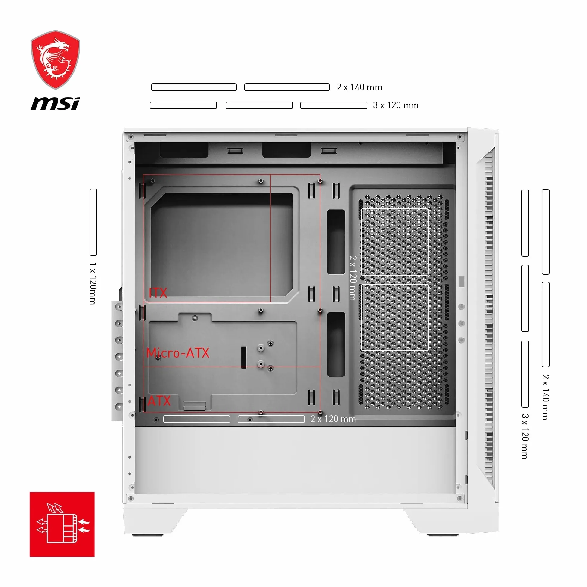 MSI MAG Forge 320R Airflow White Średnia wieża obudowa komputera - ATX, kompatybilna z RTX 40, wentylatory ARGB, magnetyczne filtry przeciwpyłowe, szkło hartowane, koncentrator ARGB, USB Typu-A 3.2