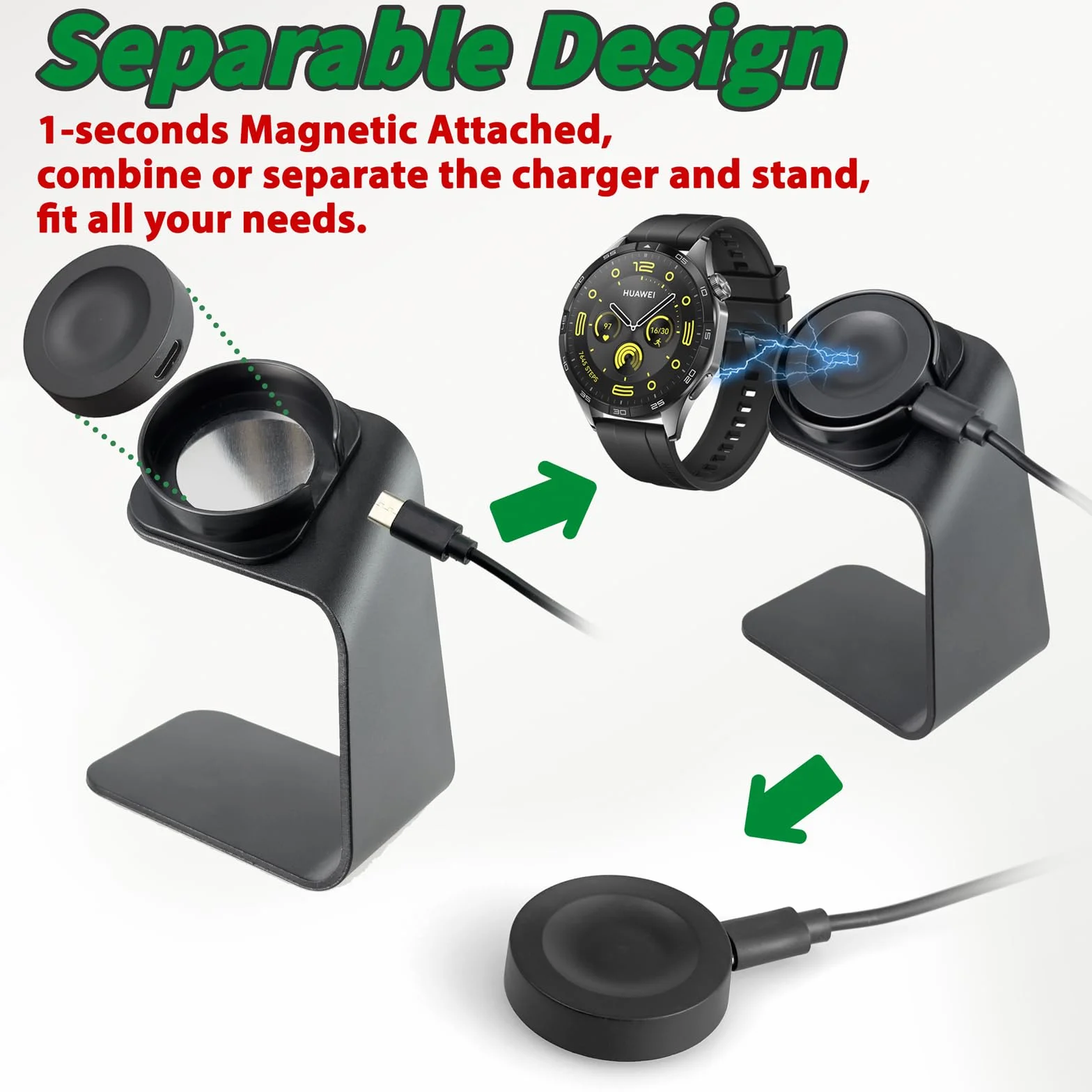 sciuU Magnetyczny stojak ładujący i ładowarka kompatybilny z Huawei GT6 / GT5 Pro / GT5 Pro / GT4 / GT4 Pro / GT3 / GT3 Pro/Fit 4, stacja dokująca + odłączany uchwyt ze stopu aluminium, kabel USB 100
