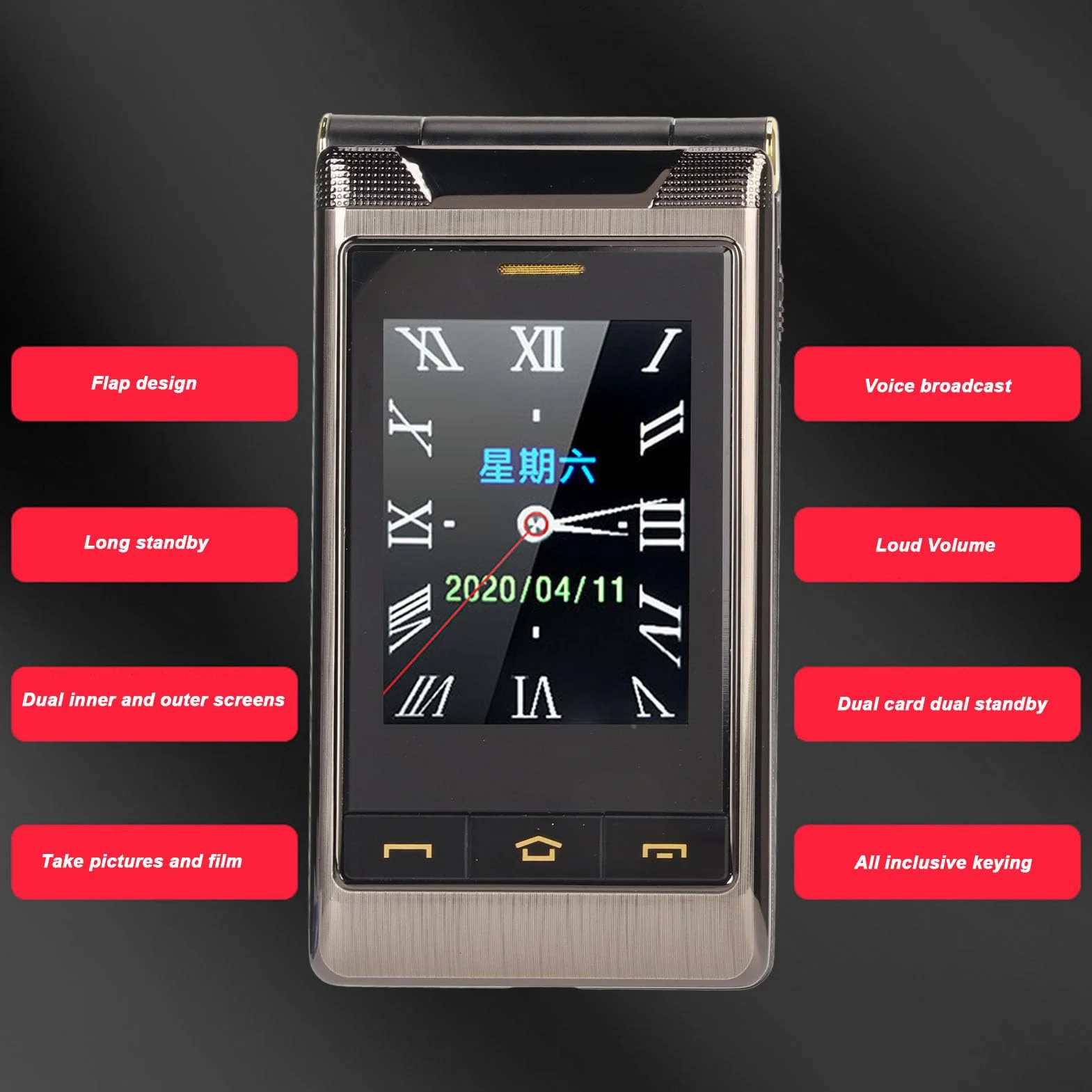 Telefon Komórkowy z klapką dla Seniorów, Telefon z klapką 2G, Podwójny Wyświetlacz HD, Duże Przyciski, Bateria 5900 MAh, Dwa Gniazda Kart SIM, Odblokowany Telefon Komórkowy dla