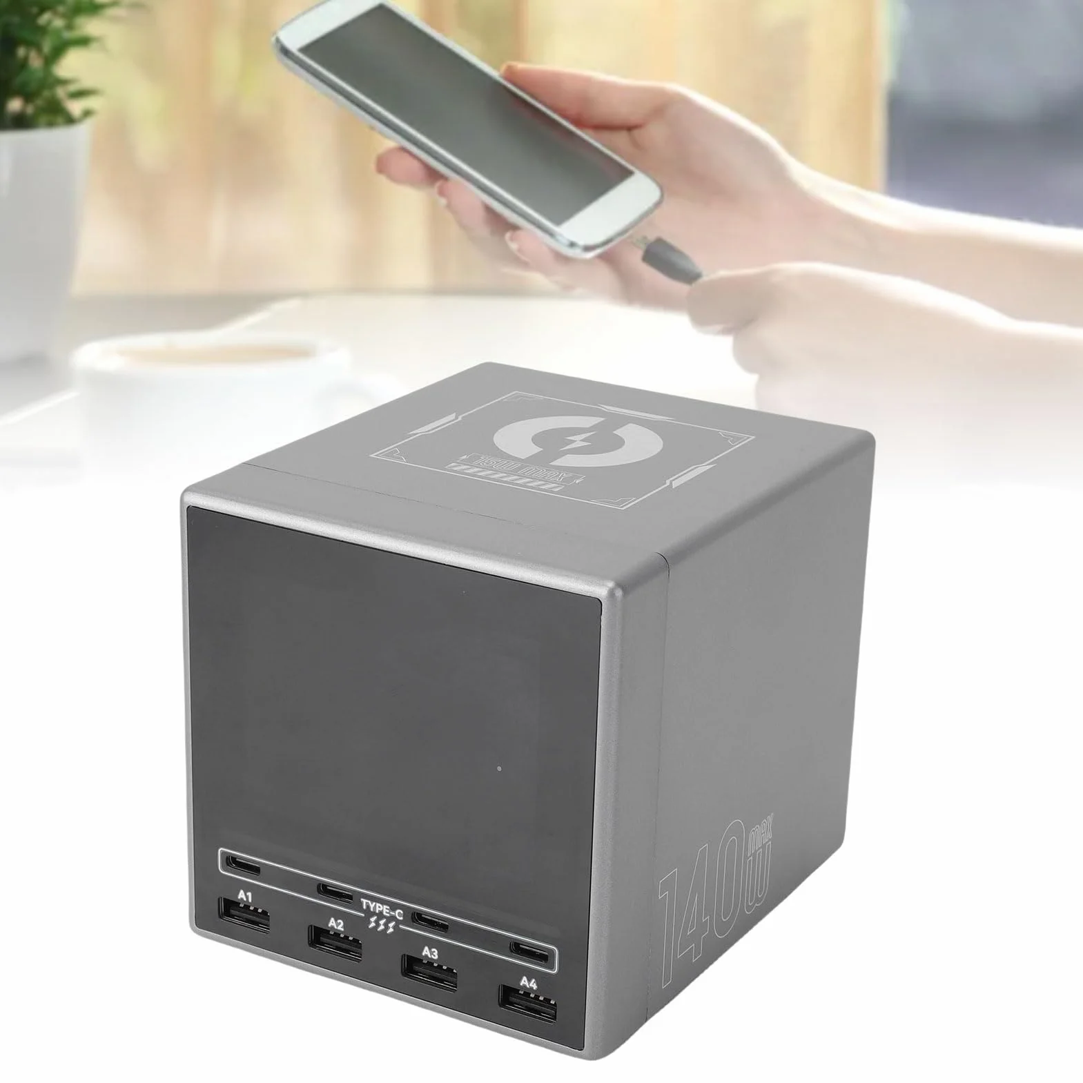 Ausla Bezprzewodowa Stacja ładująca USB PC ABS 140 W USB C PD Hub ładowarki z bezprzewodową podkładką 15 W Wyświetlacz LCD 8 Portów Szybkie ładowanie na Biurko Home Office Laptop Tablet Telefon